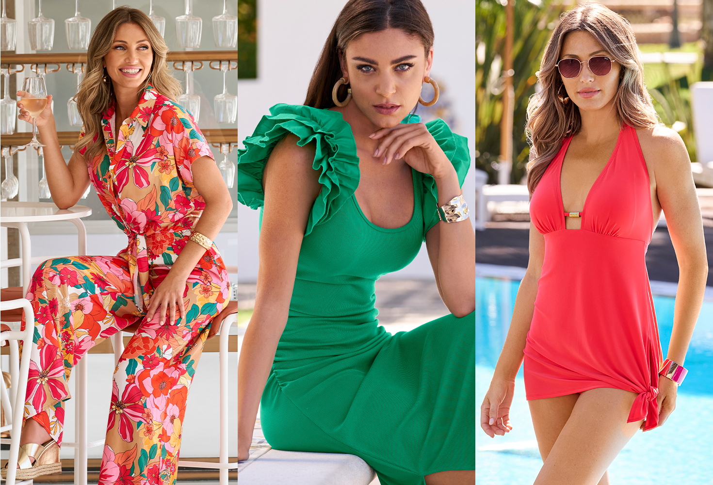 Models wearing bright floral print jumpsuit in tile 1. Tile 2 models wearing green ruffle sleeve dress and tile 3 model is wearing a coral one piece.