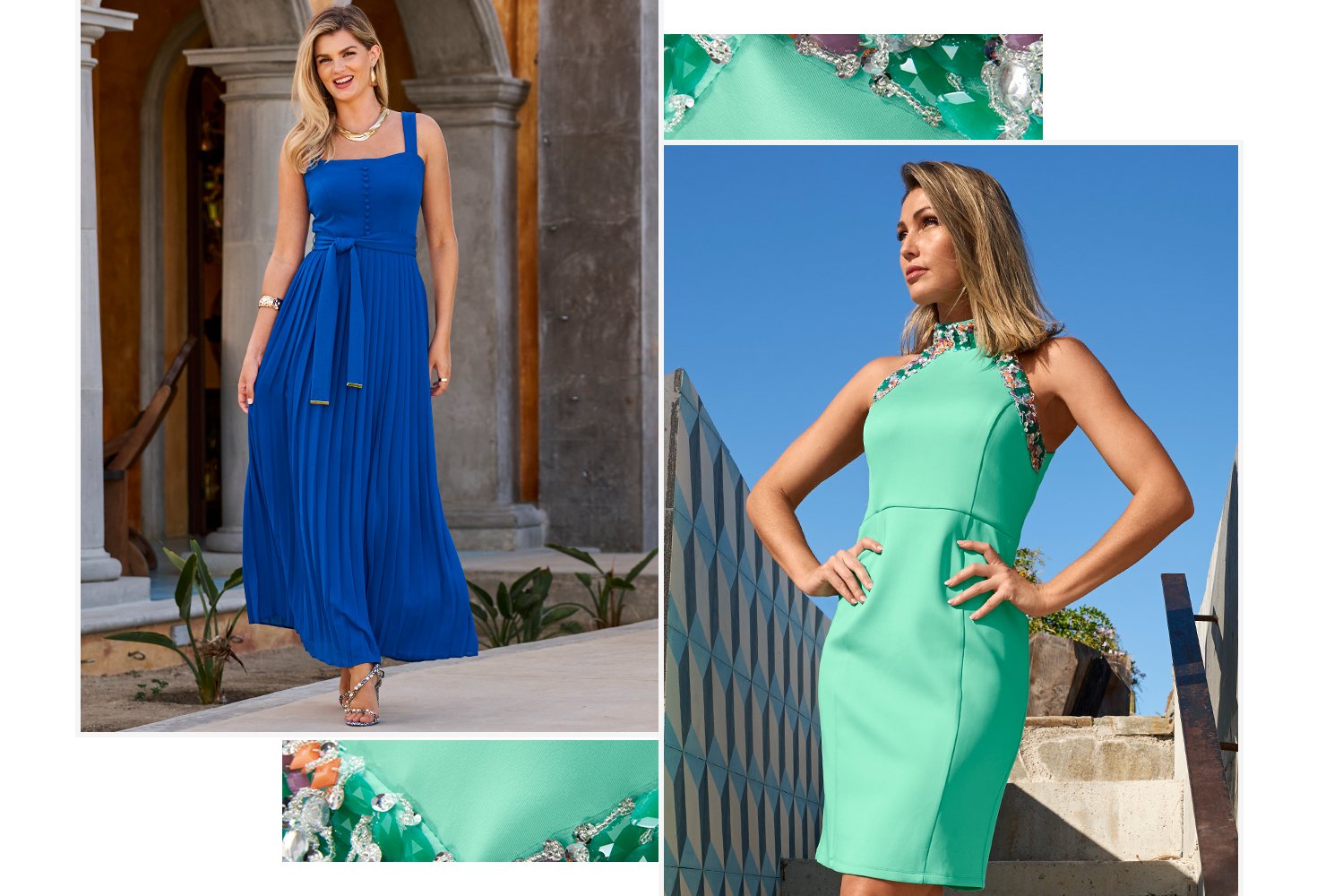 Models are wearing blue dresses. One is a royal blue dress with flowy skirt. The other is a turquoise high neck with crystal embellishments.