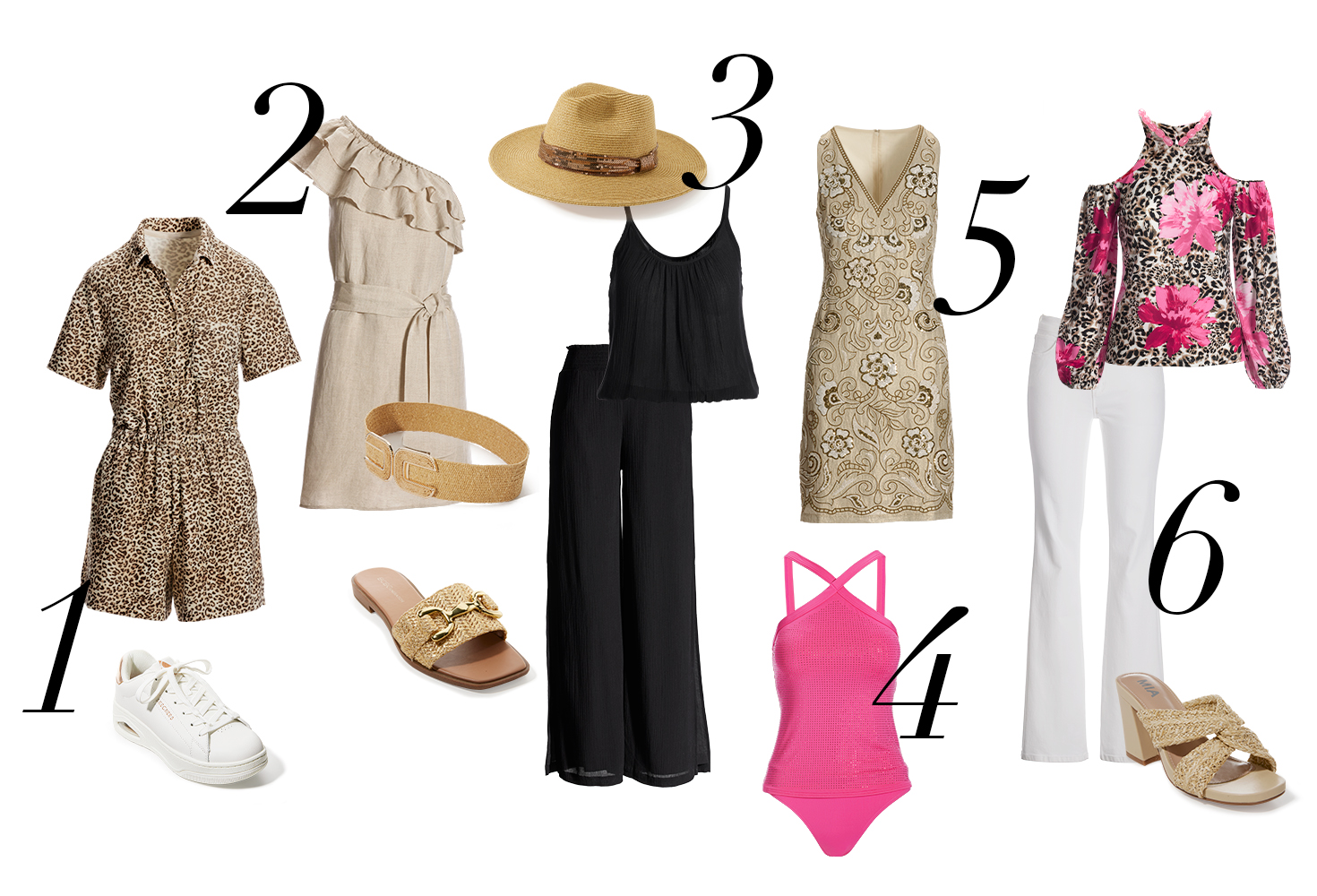 Collage of out vacation packing list. Outfits styled 1-6.