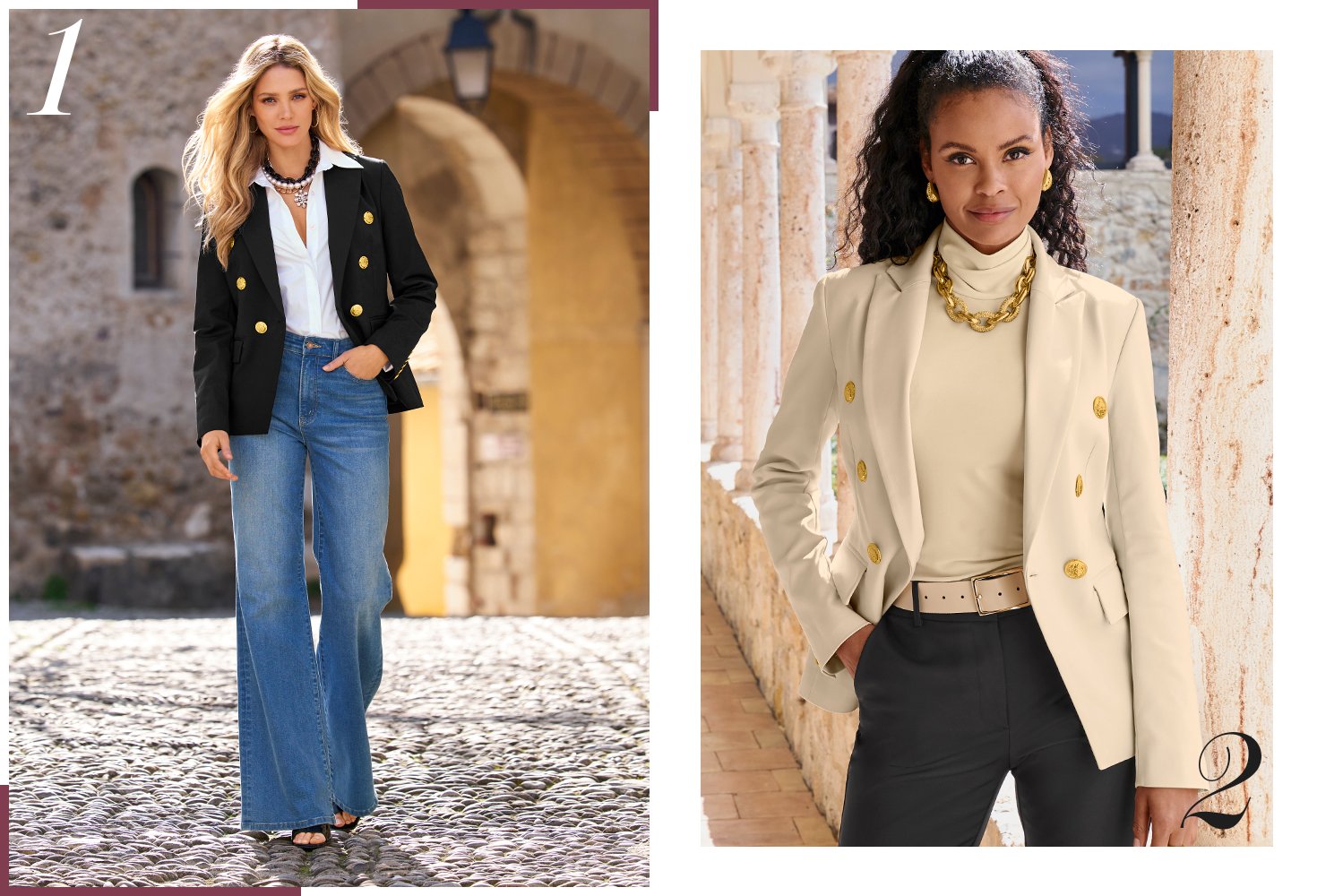 Model 1's wearing a white button up, black blazer and medium wash denim. Model 2's wearing light beige turtleneck with matching blazer, gold chunky necklace and black pants.