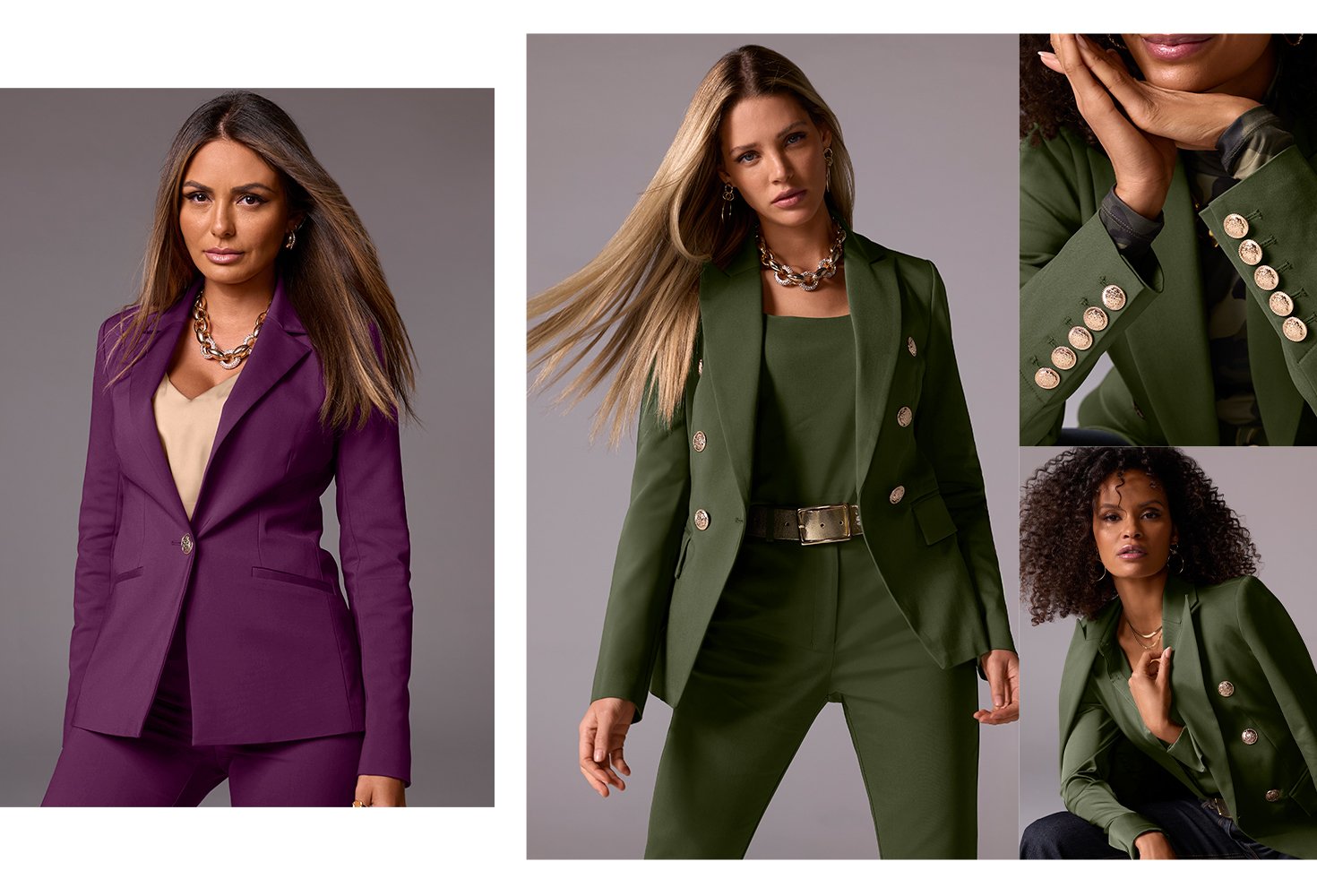 1st models wearing a purple single button blazer, matching pants and a champagne nikki tank top. 2nd models wearing a olive green jacket, tank top and pant with gold accessories.