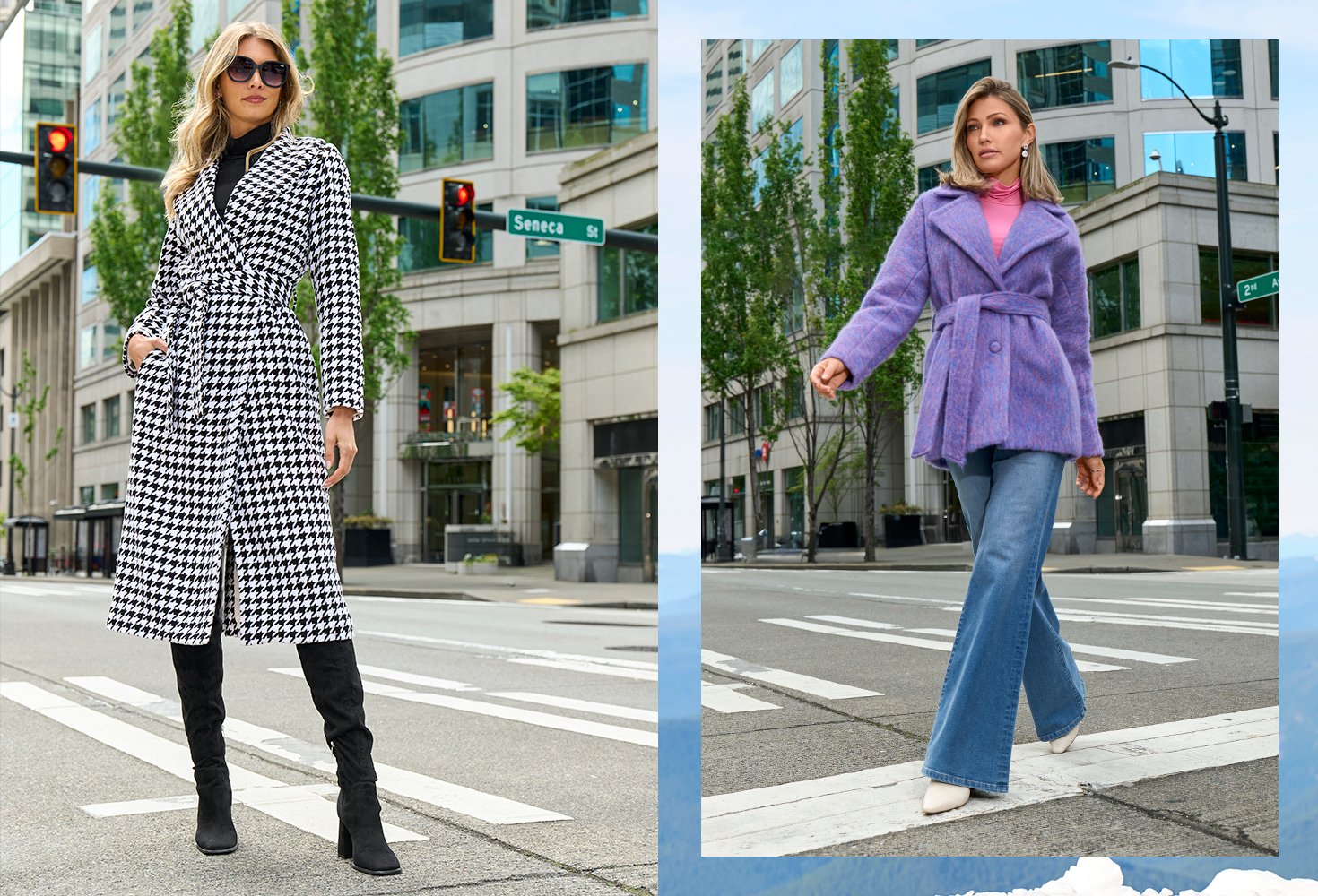 Model one's wearing our hounds tooth jacket with knee high black boots. Model two's wearing a pink turtleneck with a purple jacket and medium wash denim.