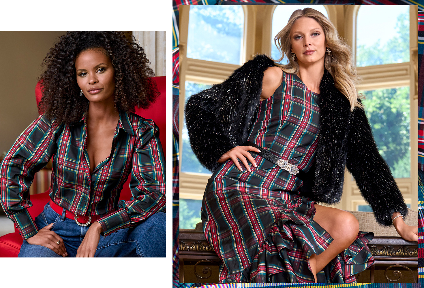 Models are wearing plaid button up and plaid dress for the holiday season.