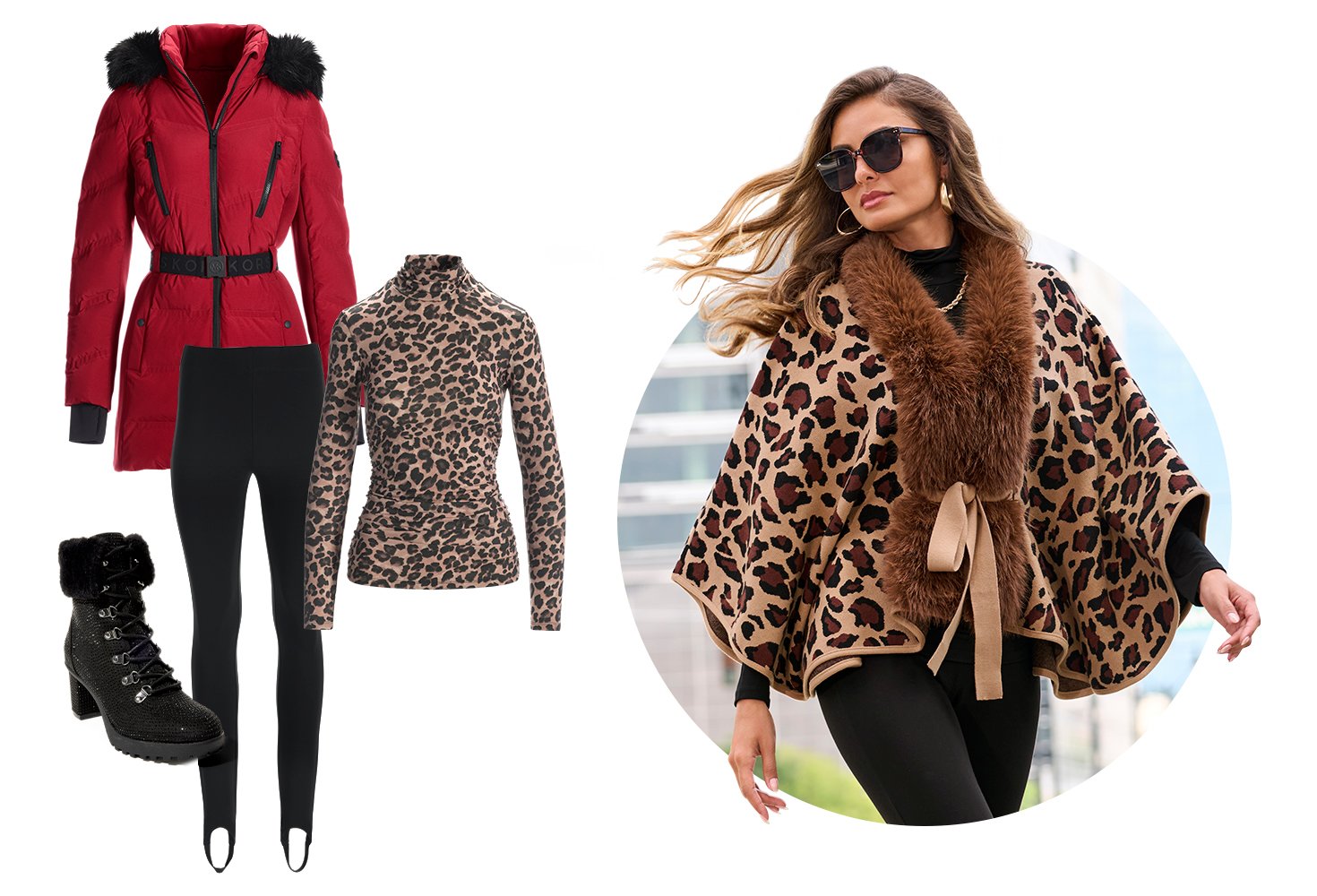 Ghost images of a red puffer coat, cheetah turtleneck, aspen leggings and black boots. Models wearing a cheetah print poncho, black turtleneck and black leggings.