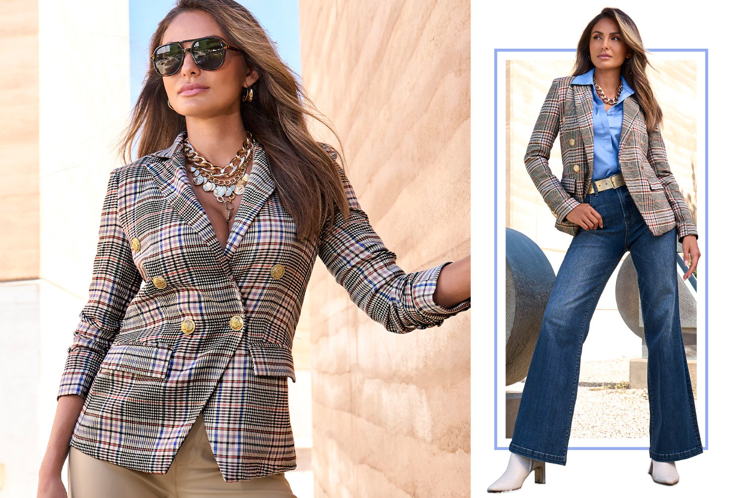 Models wearing a plaid blazer with tan pants and in the second image shes wearing the blazer with a blue button up and dark wash denim jeans.