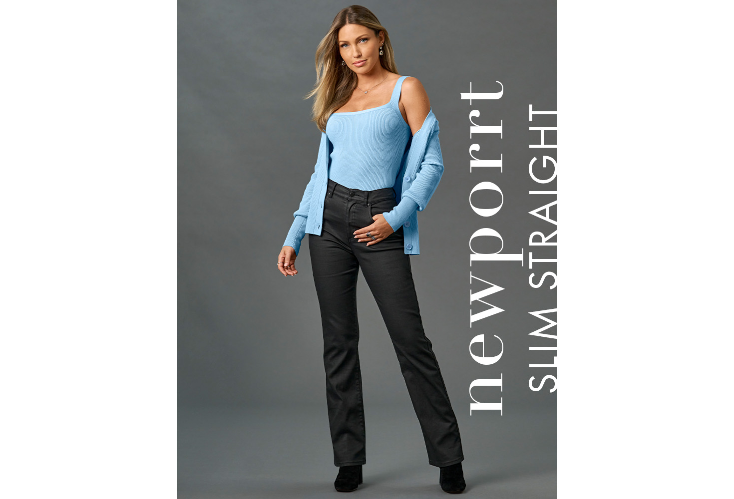 Model wearing light blue tank top and sweater with newport black jeans.