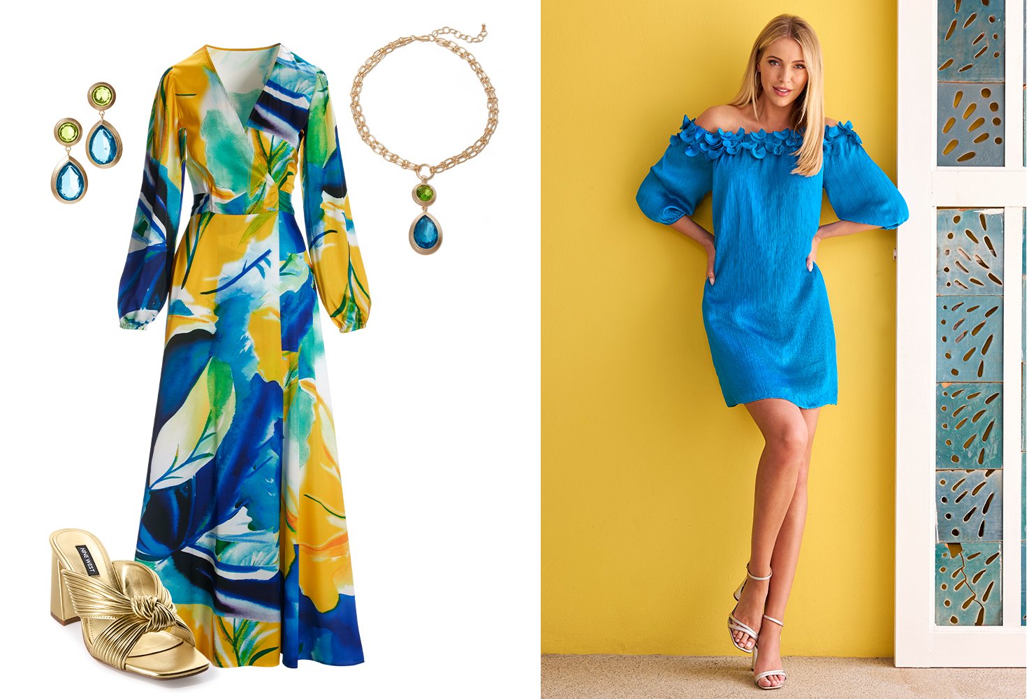 Left panel shows a blue, yellow, and green printed long-sleeve maxi wrap dress, gold knotted block heels, a blue and green jewel necklace plus matching earrings. Right model wearing a blue off-the-shoulder ruffle detail short dress and silver strappy heels.