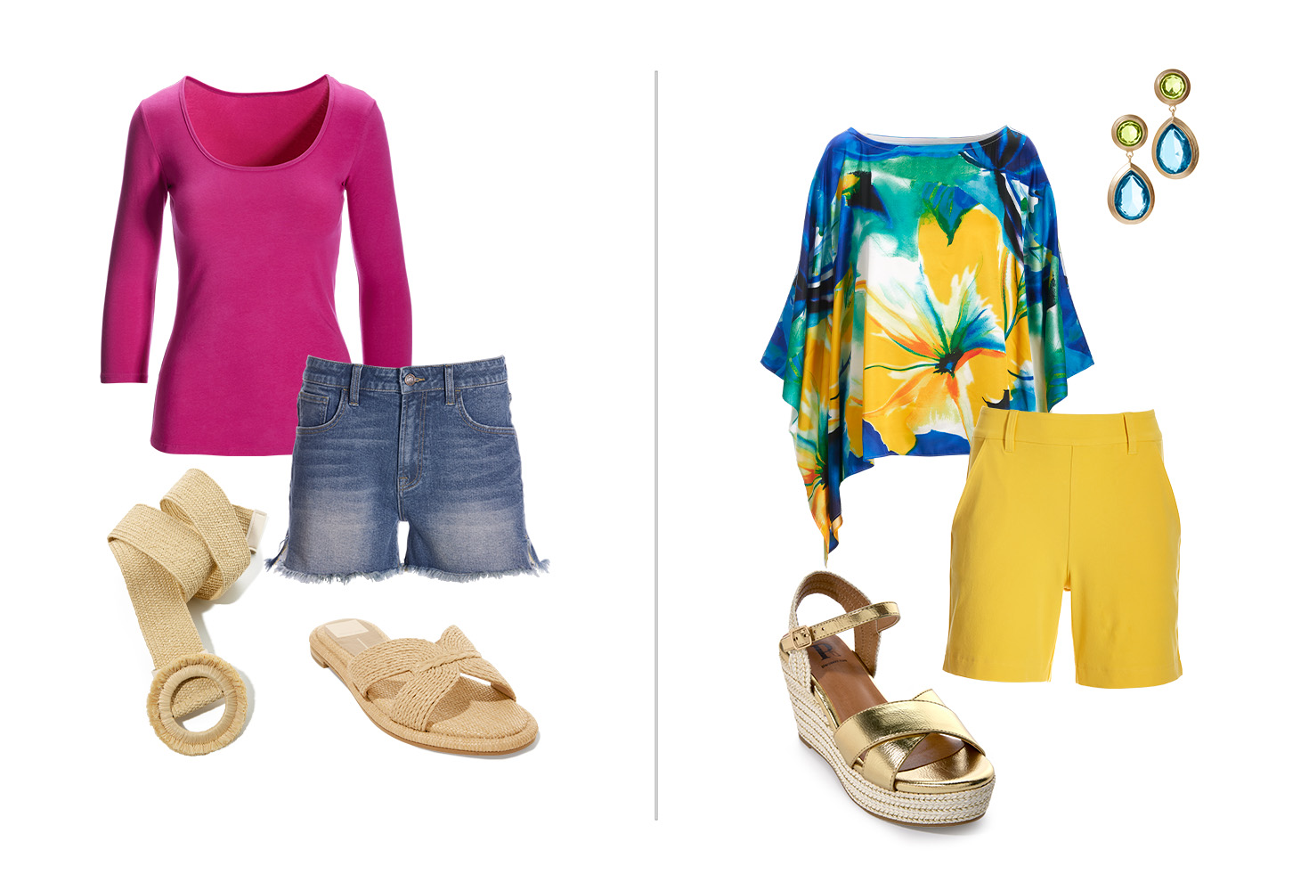 Left panel shows a pink scoop-neck three-quarter sleeve top, denim shorts, tan raffia belt, and tan raffia slides. Right panel shows a blue, yellow, and green printed slouchy charmeuse blouse, yellow shorts., gold wedges, and blue and green earrings.
