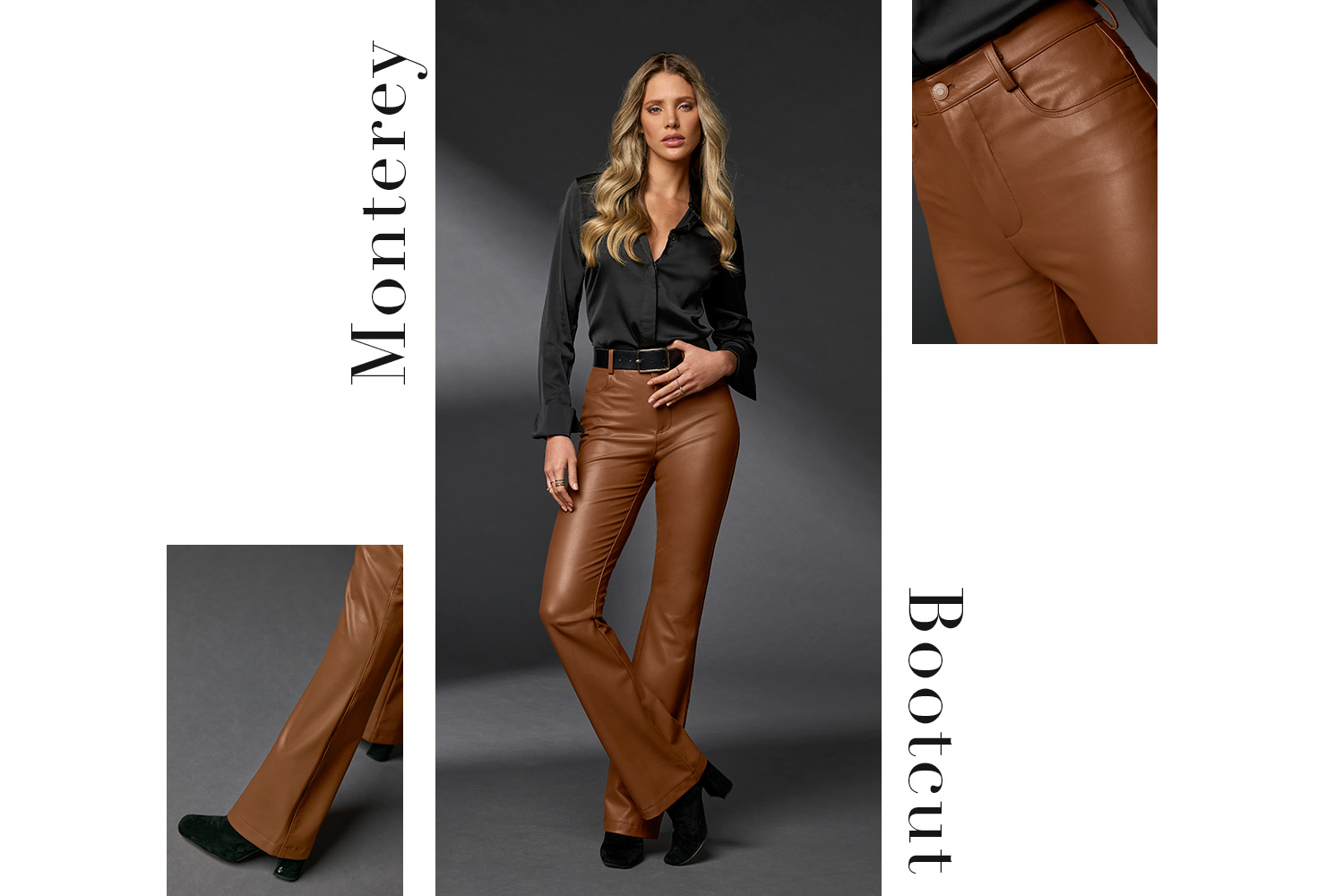 Model wearing black sophia button up, black belt, brown monterey bootcut pants and black boots. Close ups include the bottom of the pant and pockets.