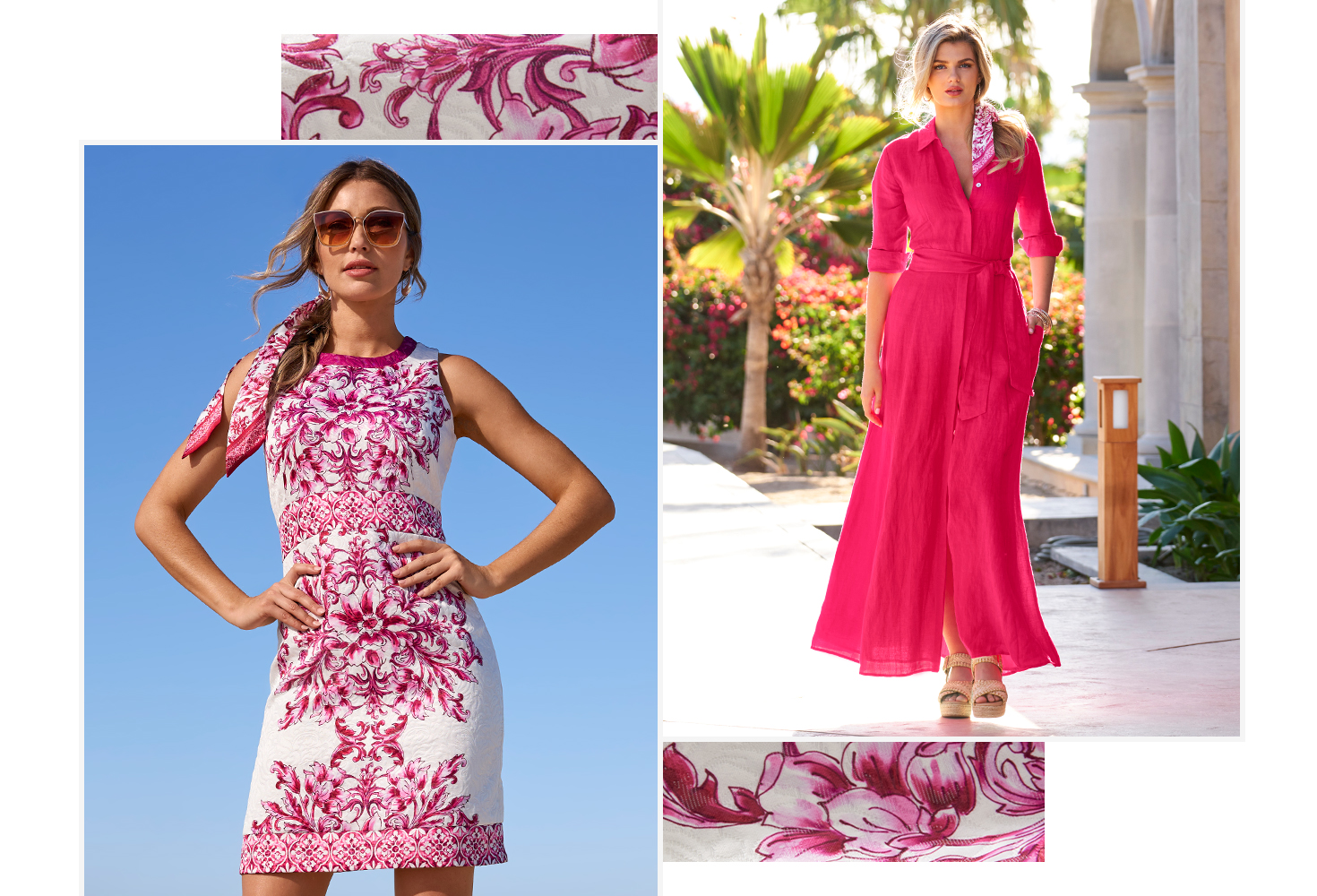 Models are wearing pink dresses. One has a long linen pink dress with printed scarf. The others wearing a pink print dress that perfectly matches the scarf.