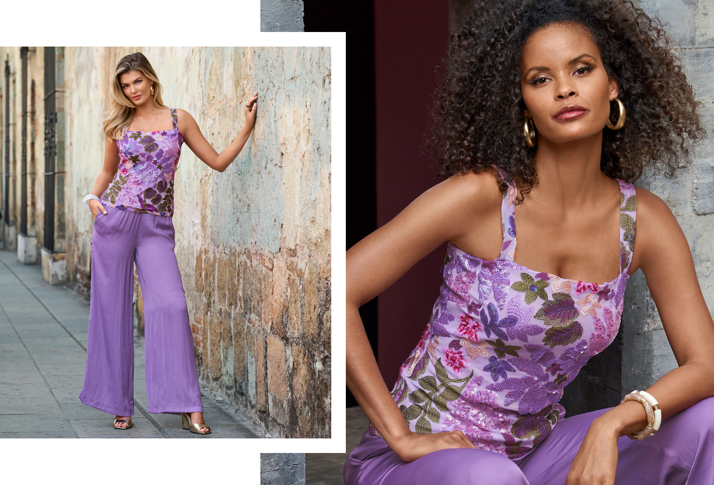 Both models wearing a purple sequin square neck tank with purple satin pants.