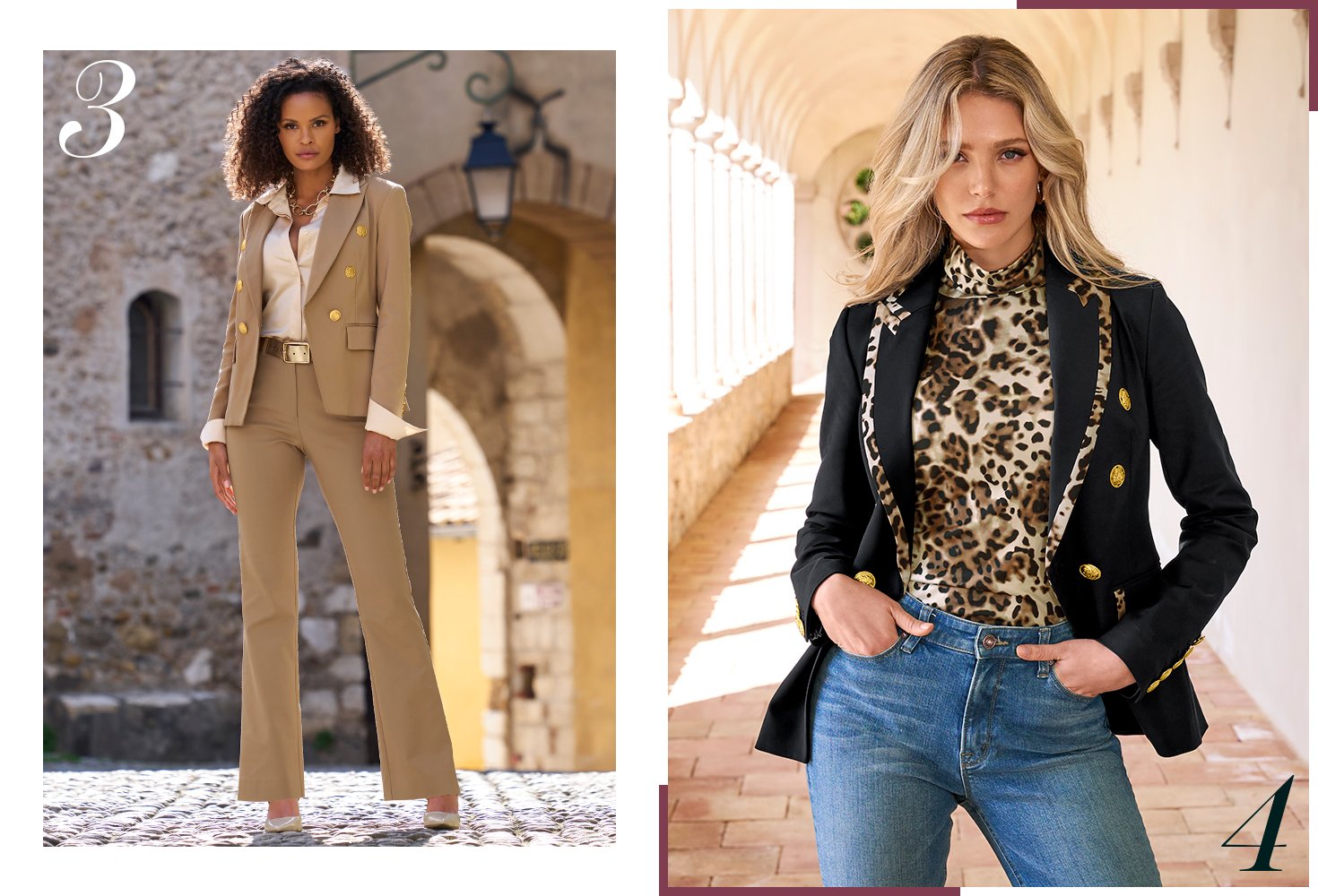 Model 1's wearing a camel brown blazer and pants with a light champagne button up blouse and gold belt. Model 2's wearing a cheetah print turtleneck with cheetah detailing on black blazer and medium wash jeans.