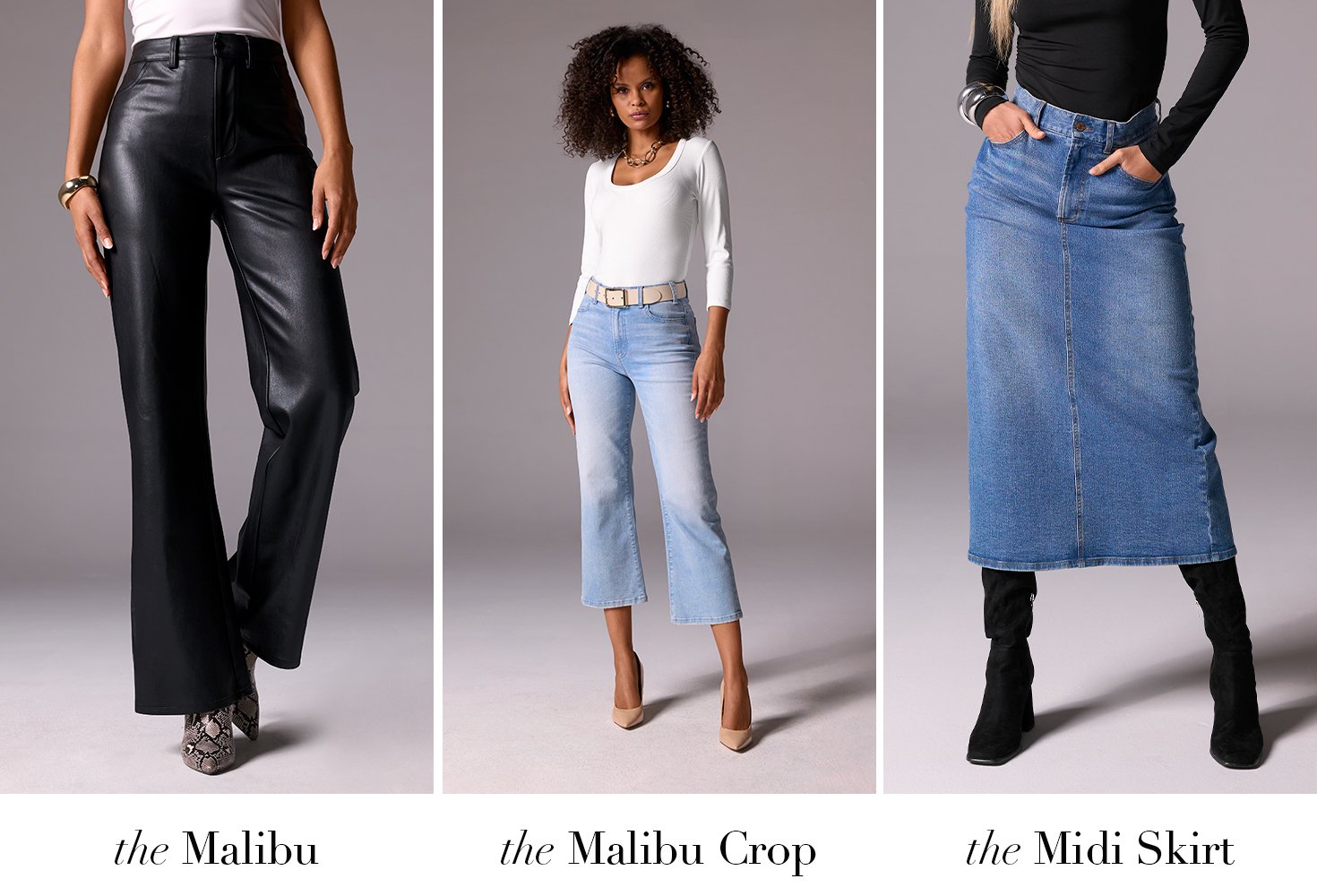 Models wearing a black leather malibu pant, seconds wearing a white scoop top with cropped light wash denim. Last models wearing a black long sleeve top, medium wash midi skirt and black knee high boots.