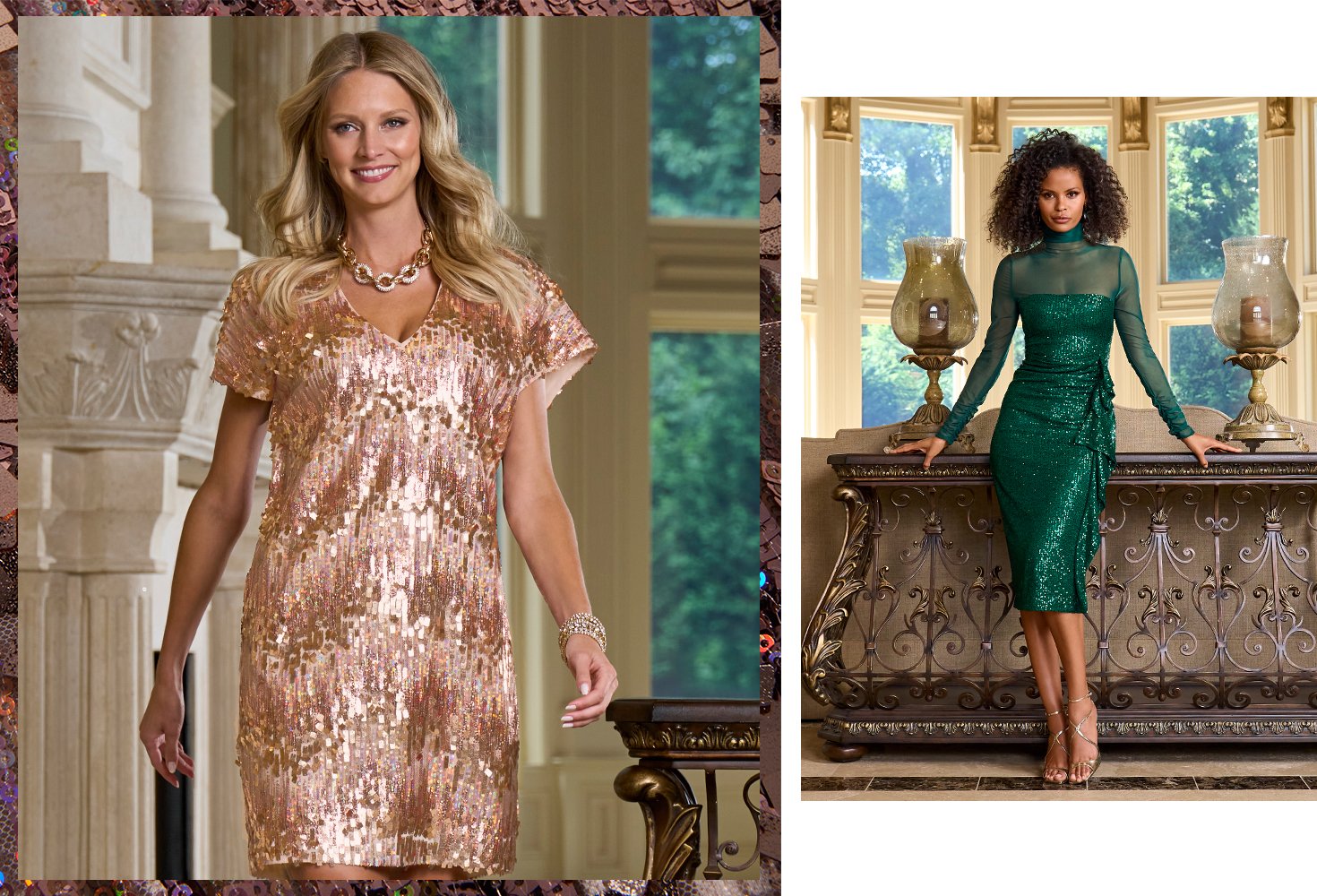 Models wearing a pink sequin dress. Model 2's wearing a sheer and sequin emerald dress.