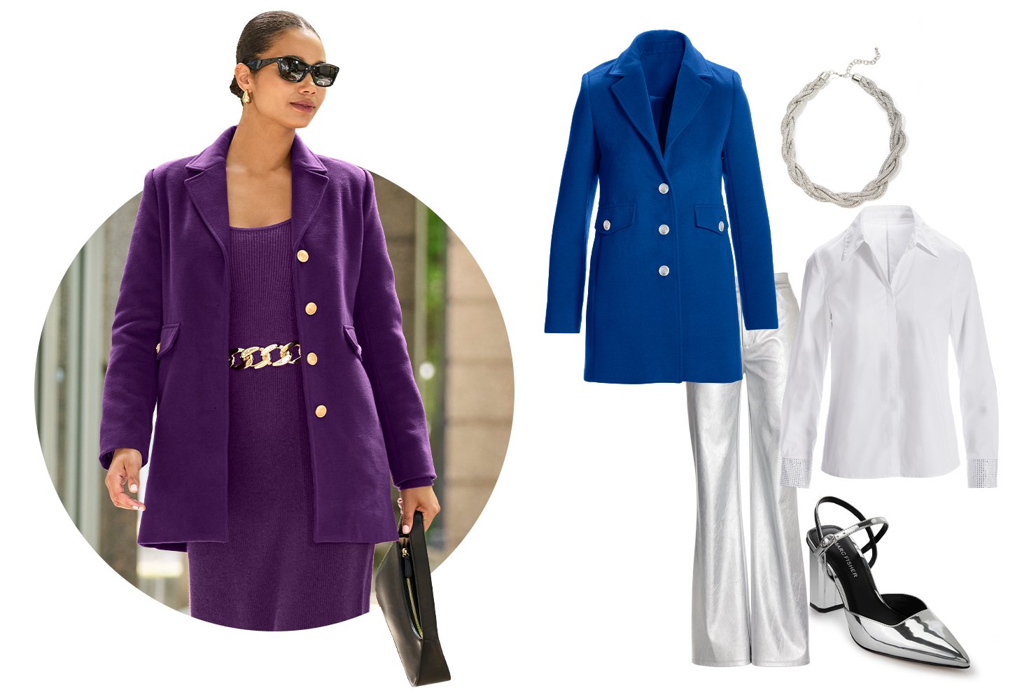 Models wearing a purple dress with chain belt and purple tailored coat. Ghost image of the blue tailored coat, white sophia button up, silver necklace, silver pants and heels.