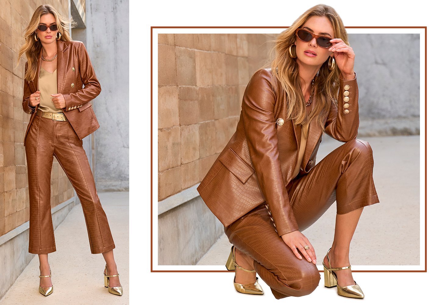 Models wearing a brown blazer and matching pant with gold top and accessories.