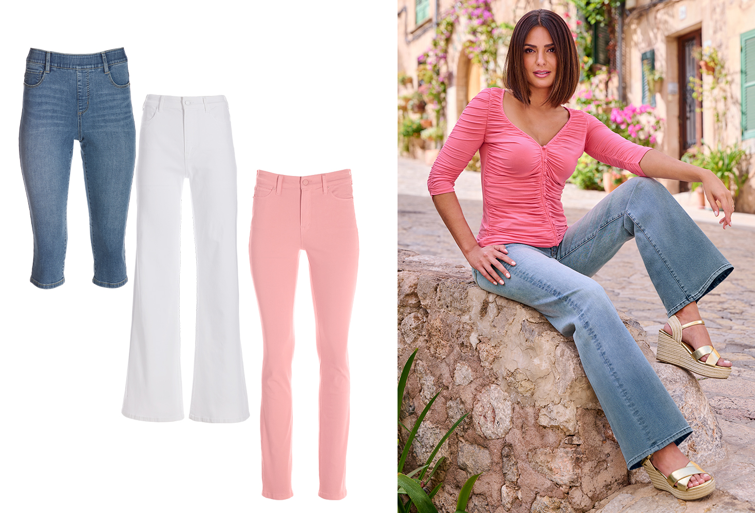 Right model wearing a pink ruched v-neck three-quarter sleeve top, palazzo jeans, and gold metallic wedges while sitting on a rock. Left panel shows three pairs of jeans: denim cropped jeans, white palazzo jeans, and pink slim jeans.