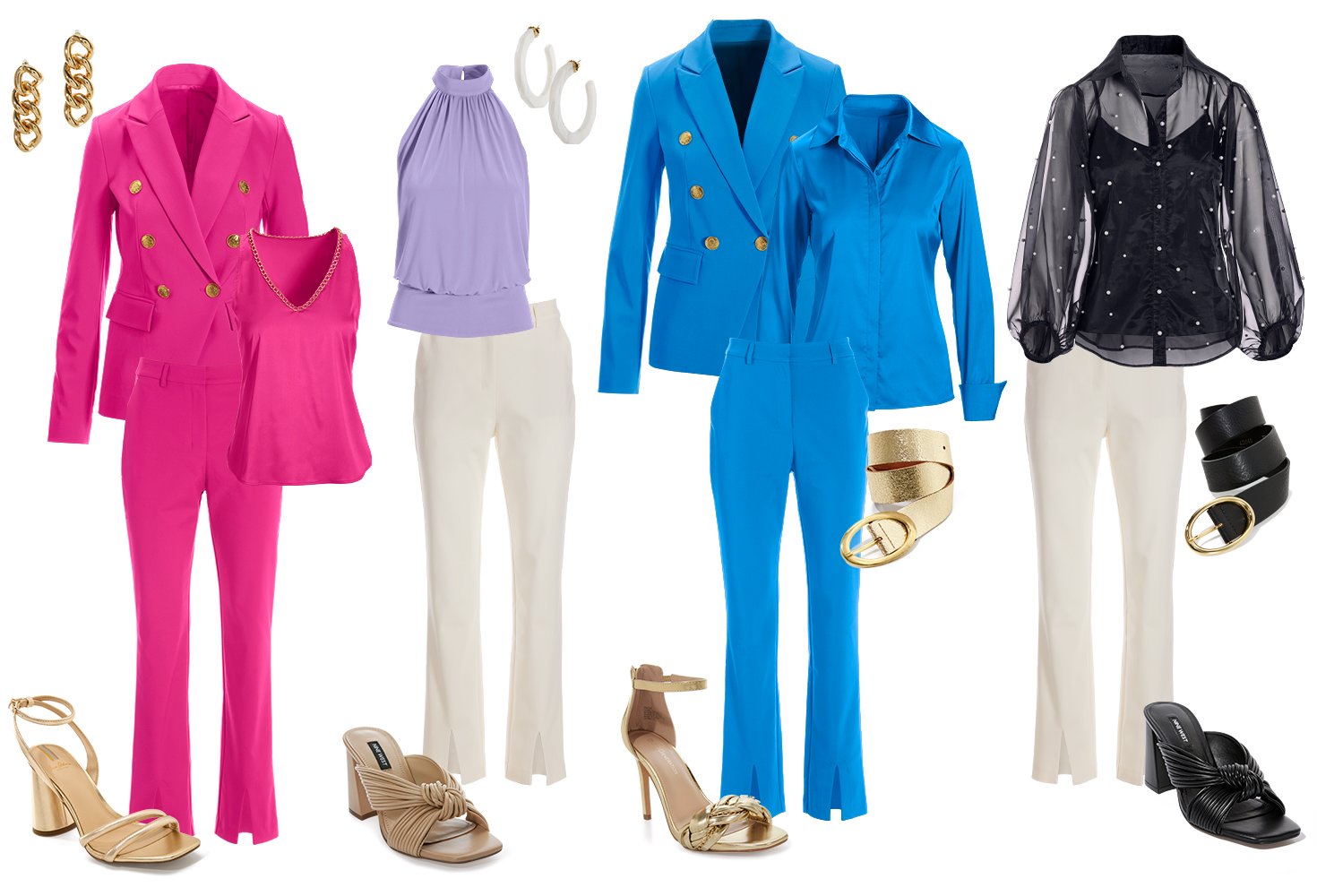 Outfits from left to right: hot pink blazer with matching trousers and gold chain embellished sleeveless charmeuse blouse, gold chain earrings, and gold heels. Lavender sleeveless mock neck blouson top, white resin hoop earrings, white trousers, and tan knotted block heels. Blue blazer with matching trousers and button-down charmeuse blouse, gold leather belt, and gold braided heels. Black pearl embellished organza button-down top, black tank top underneath, white trousers, black leather belt, and black knotted block heels.