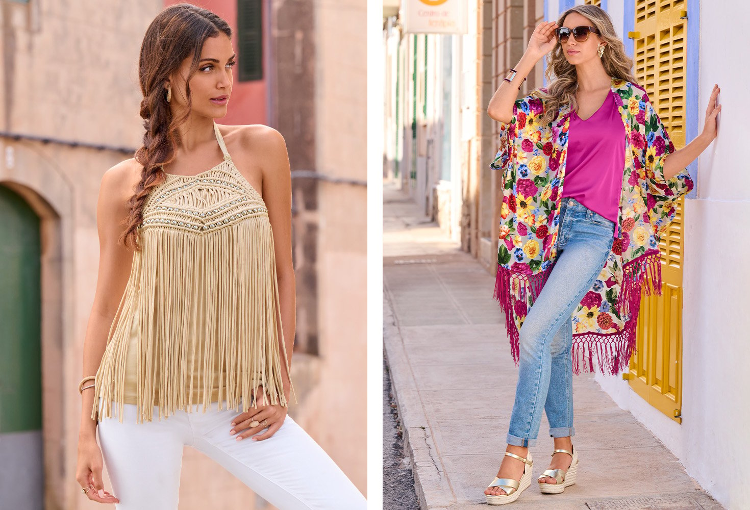 Left model wearing a tan embellished fringe and macrame halter top and white jeans. Right model wearing a multicolor fringe floral print kimono, pink v-neck charmeuse blouse, jeans, metallic gold wedges, and sunglasses.