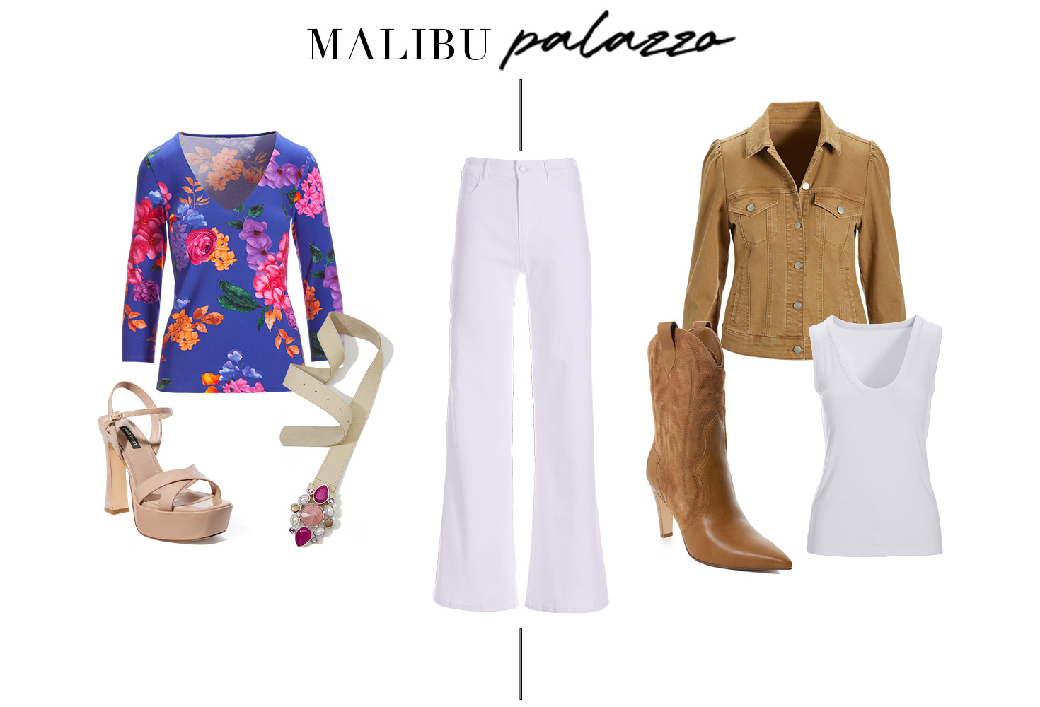Items from left to right: Multicolor floral scoop-neck three-quarter sleeve top, tan platform pumps, pink jeweled embellished belt, white palazzo jeans, tan puff-sleeve denim jacket, tan heeled cowboy boots, and white scoop neck tank top.