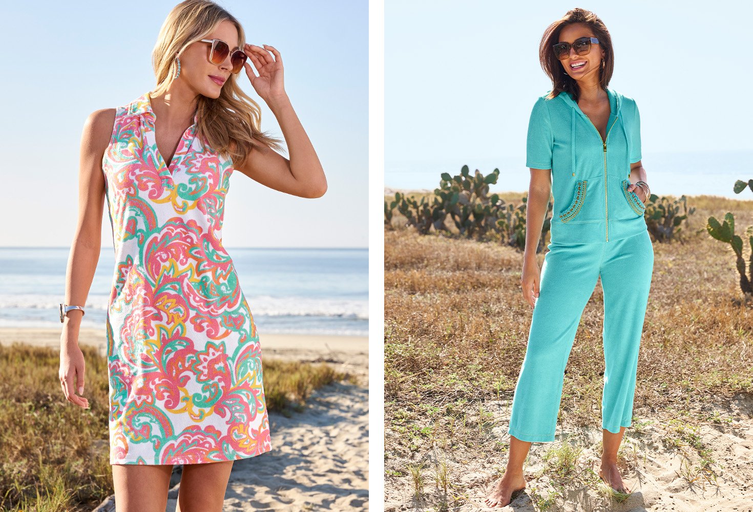 Left model wearing a paisley print multicolor terry cloth sleeveless dress and sunglasses. Right model wearing a light blue short sleeve two-piece terry cloth set and sunglasses.