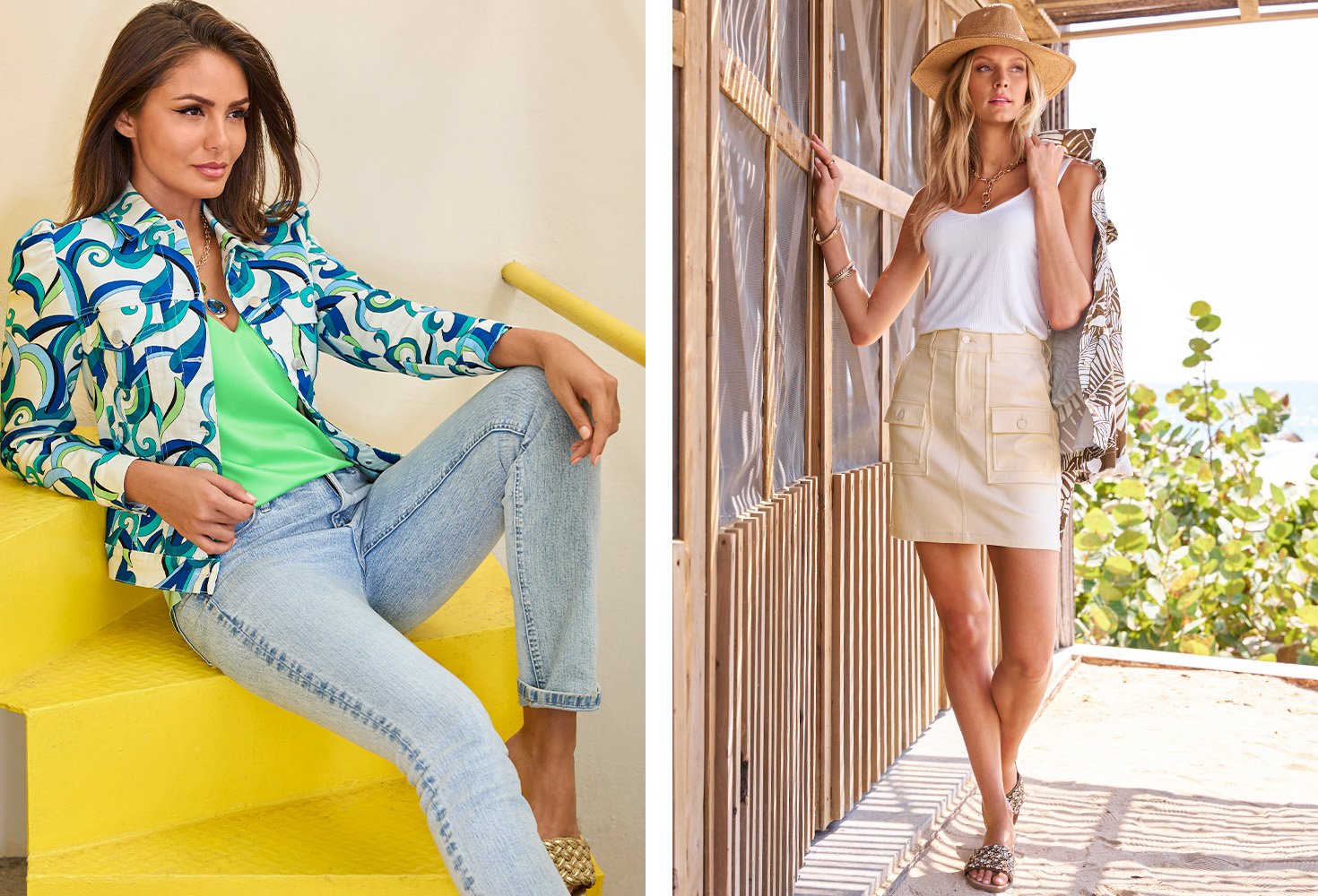Left model wearing a blue and green printed jacket, green v-neck charmeuse blouse, bleach washed jeans, and gold braided slides. Right model wearing a white tank top, tan cargo skirt, embellished slides, and straw hat while holding a white and brown printed utility jacket.