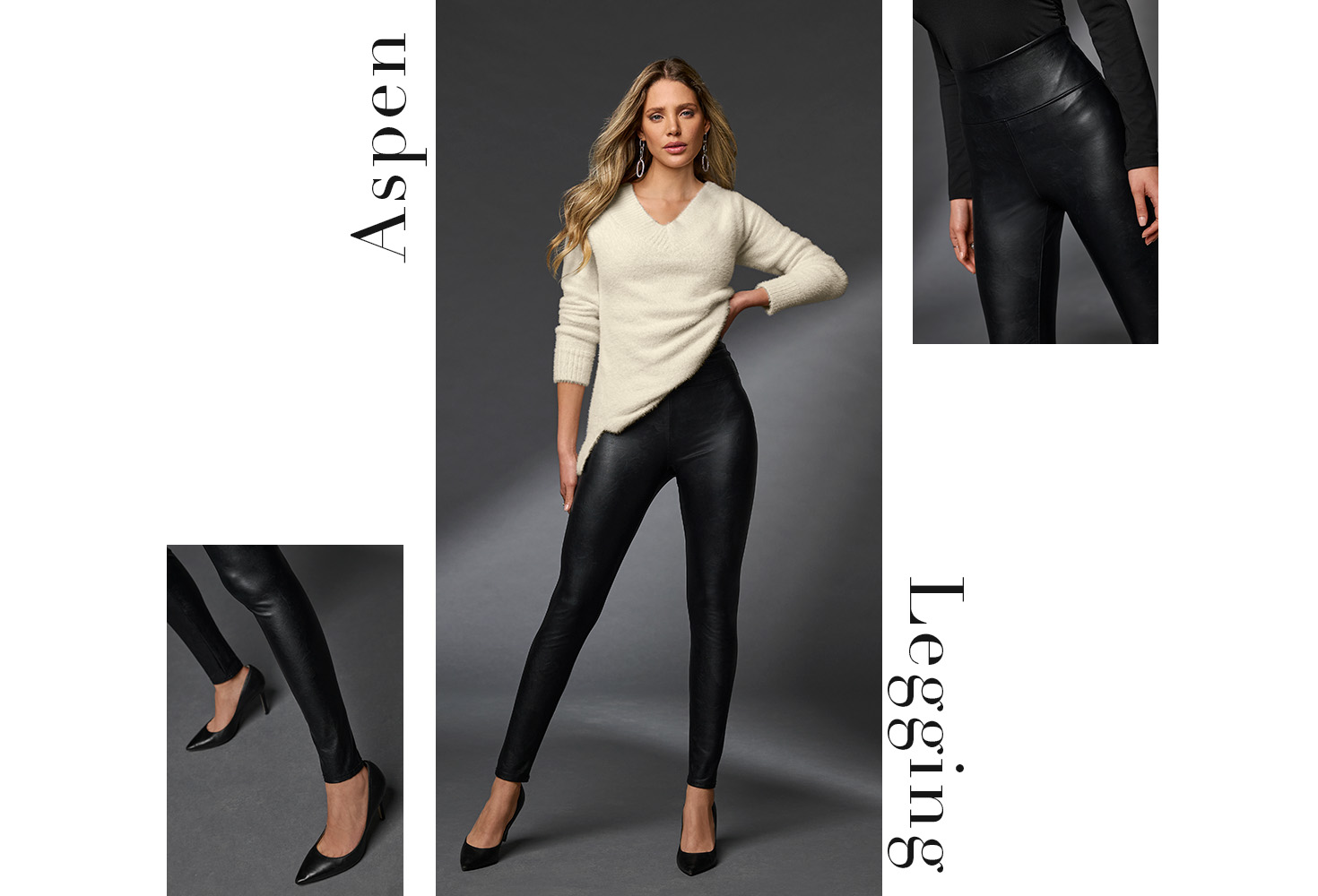 Model wearing white v neck sweater, black faux leather aspen leggings and black heels.