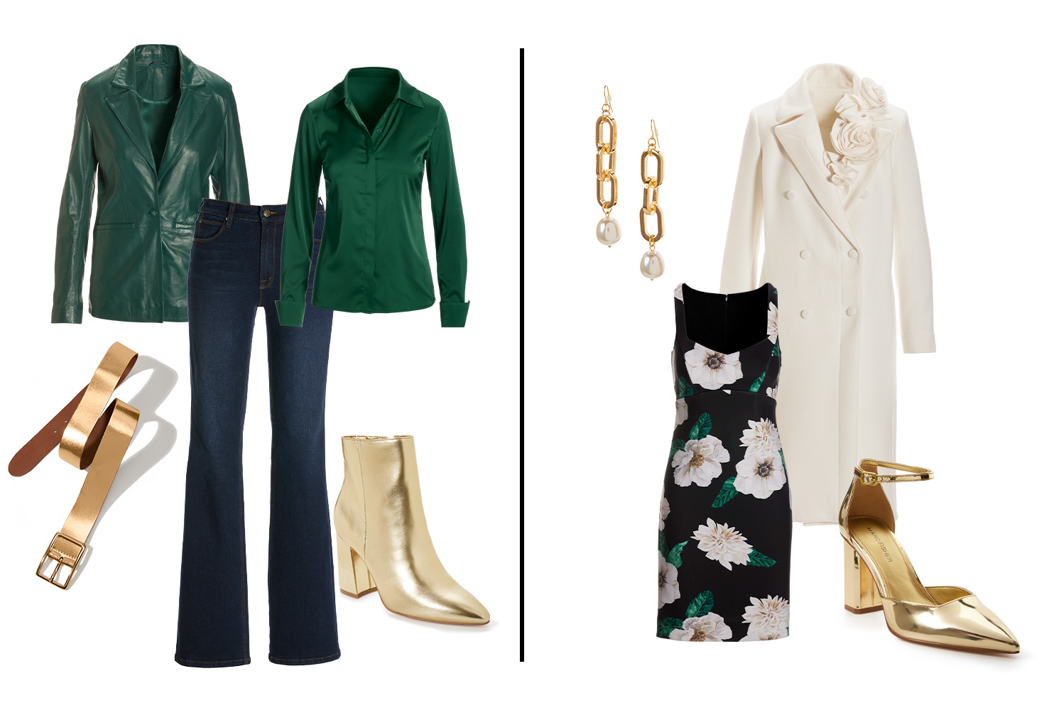 Photo has emerald leather blazer, emerald sophia button up, rinse monterey bootcut jeans, gold metallic belt and gold metallic square toe booties. Second outfit suggestion has winter white overcoat, floral print dress, gold earrings and gold metallic heels.