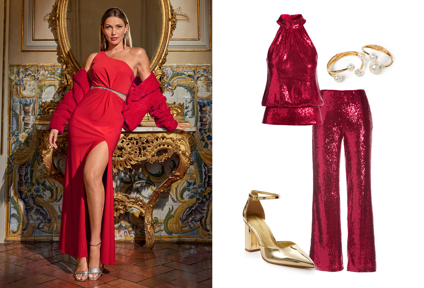 Model wearing one shoulder glam red gown with plush chubby coat and gold heels. Photo of sequin halter top, sequin palazzo pants, pearl bangle and pointed toe heels.