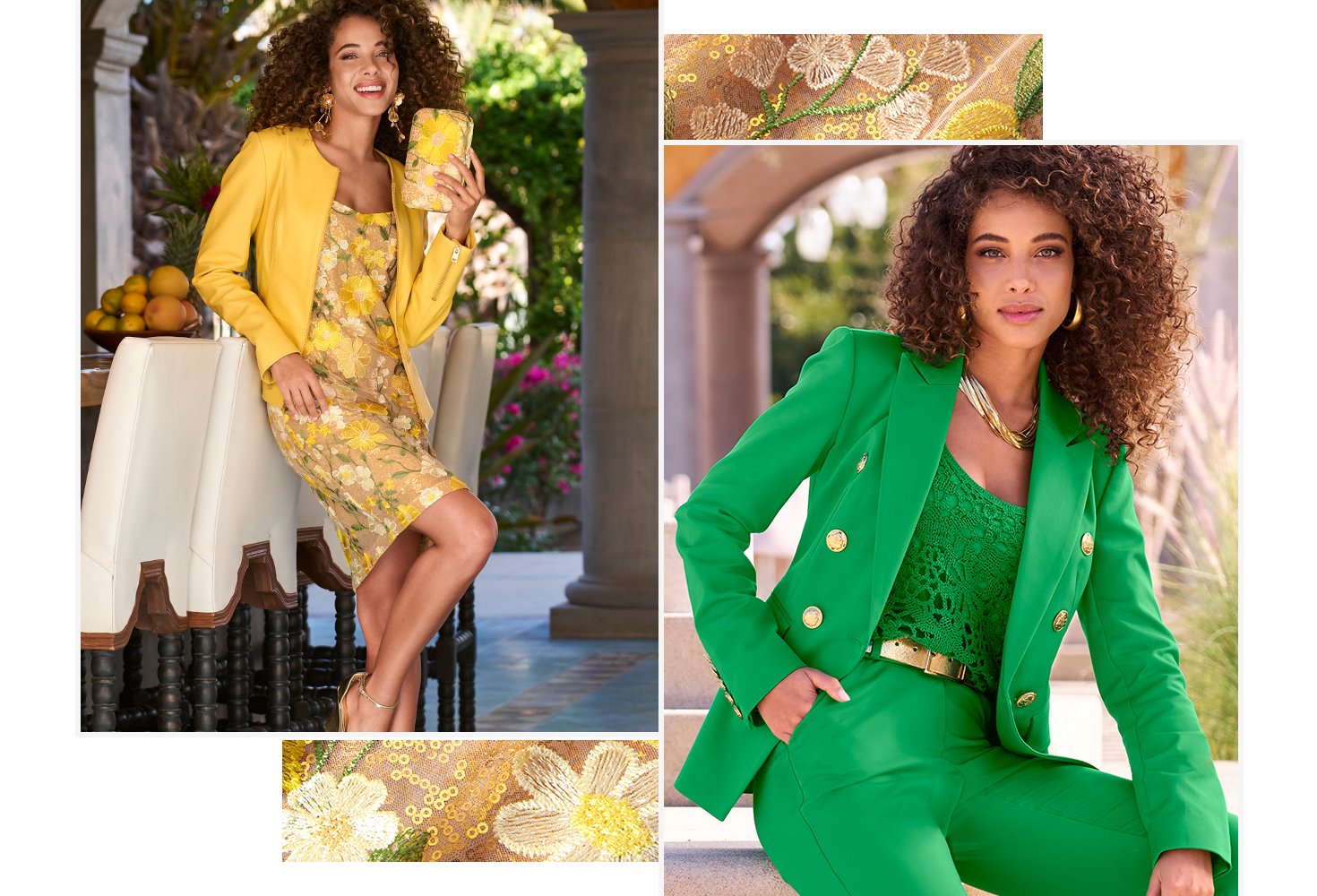 One models wearing yellow leather jacket with a yellow floral lace dress. Second models wearing green suiting with gold accents.