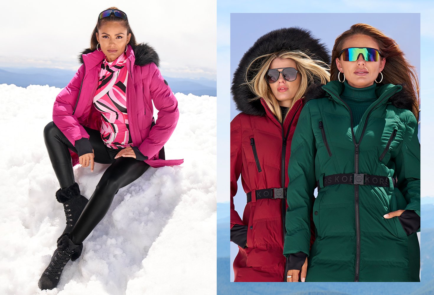 Model one's wearing a pink abstract turtleneck with a pink puffer jacket, faux leggings and black booties.The other two models are wearing a red and green puffer jacket.