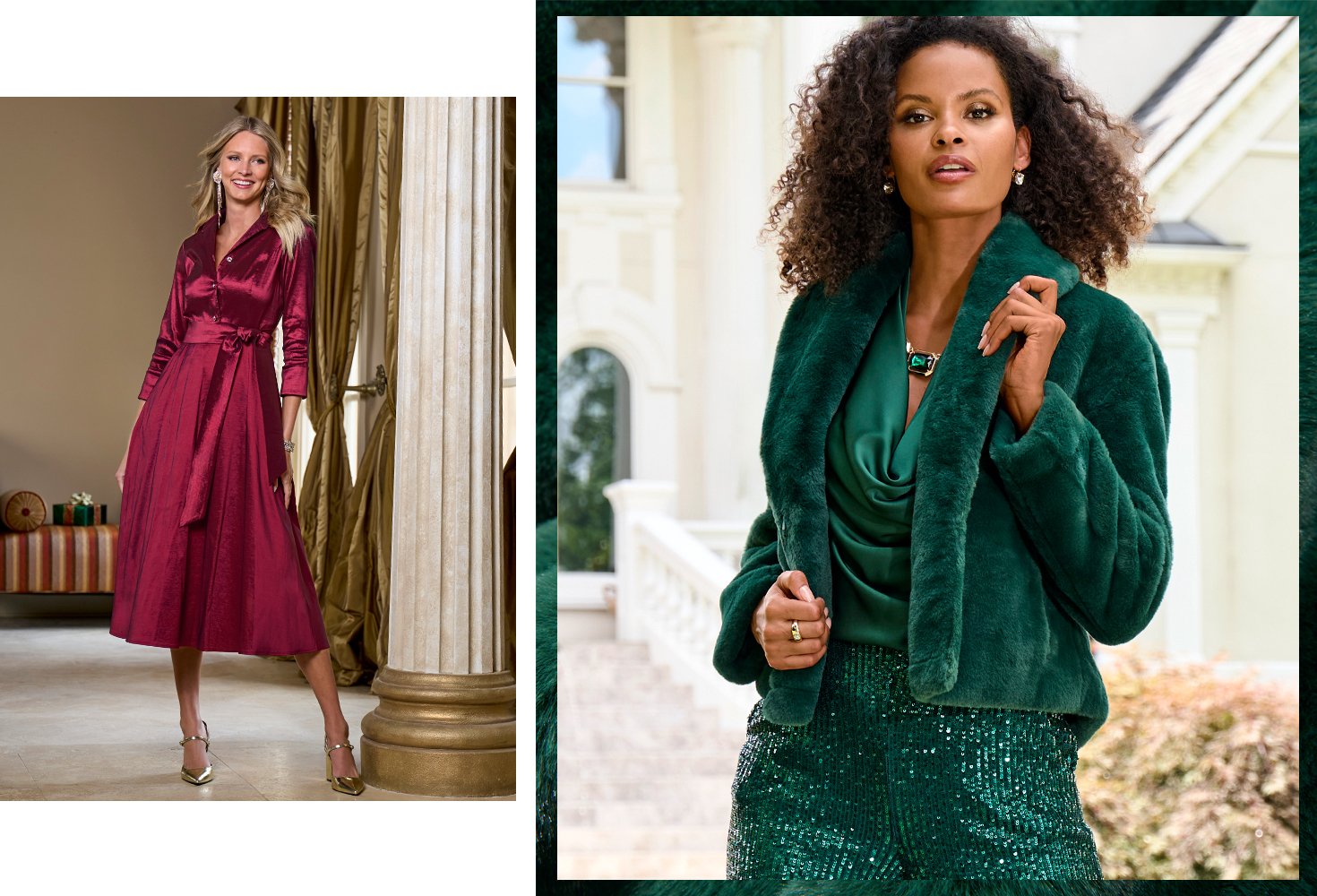 Model 1's wearing a maroon dress with tie waist detail and model 2's wearing a emerald outfit with sequin pants.