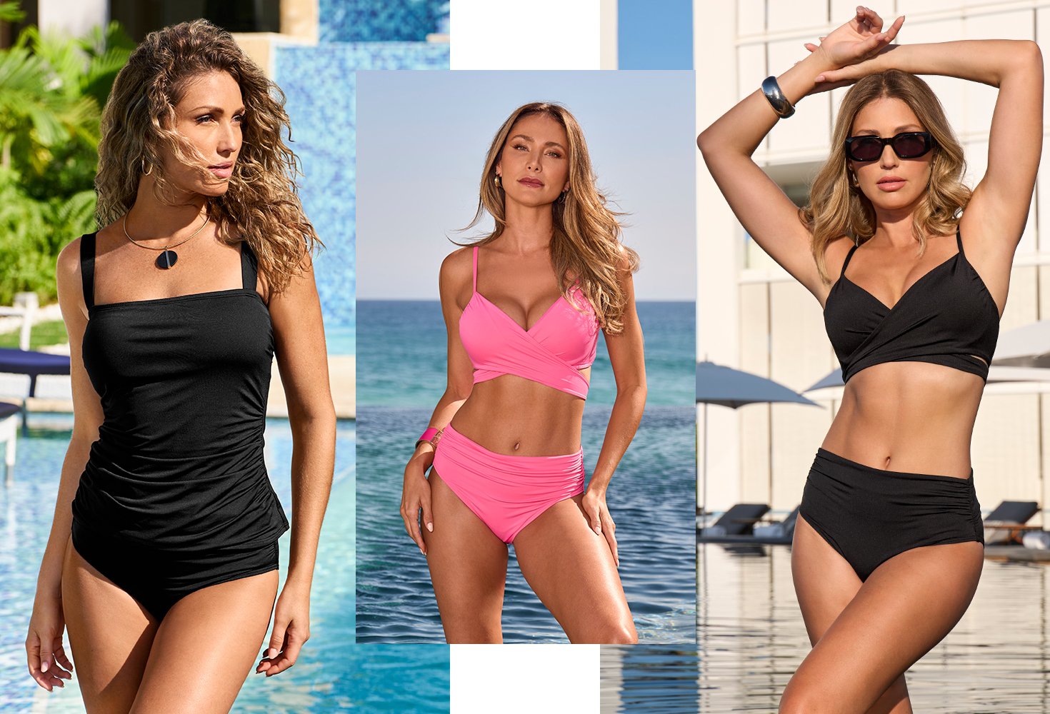 Models wearing a black tankini and high waisted bottom, second is wearing a pink underwire bikini top and high waisted bottoms, thirds wearing a underwire bikini top in black with high waisted bottoms.