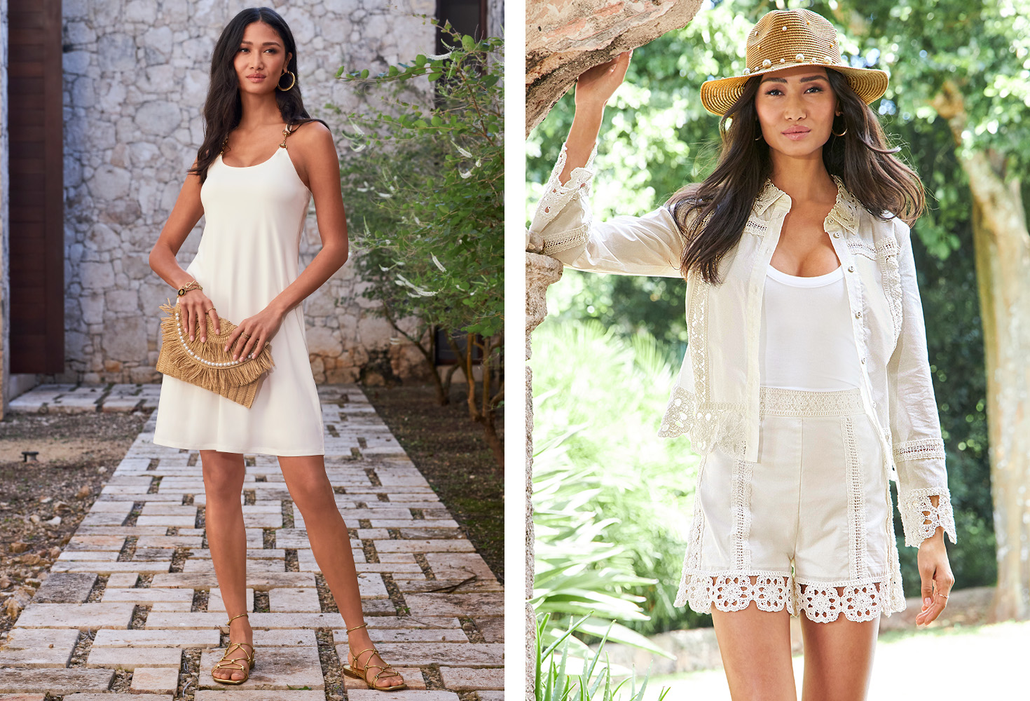 Left model wearing a white sleeveless dress with gold hardware, gold strappy sandals, and holding a straw clutch with pearl embellishments.