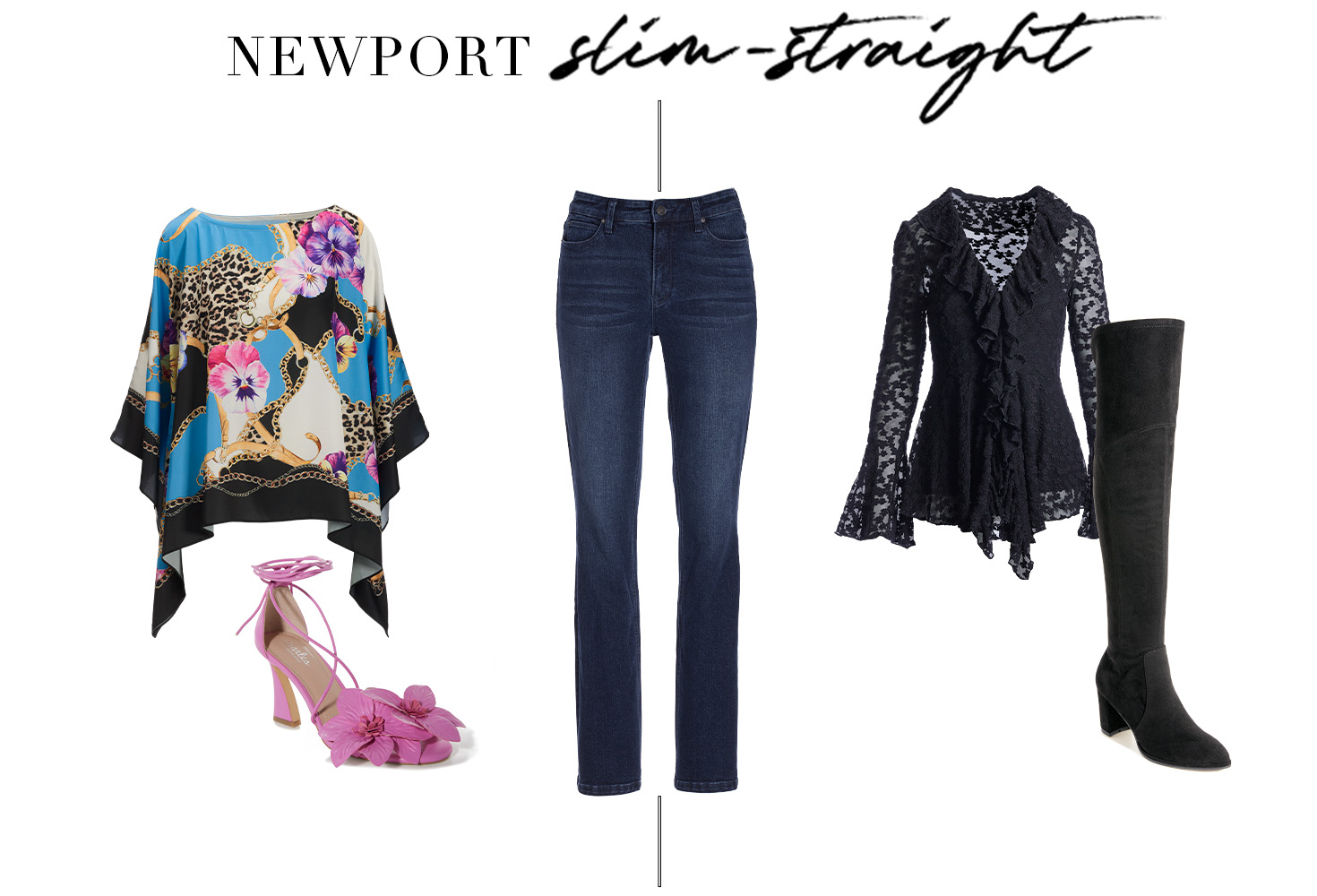 Items from left to right: mutlicolor printed poncho, pink floral embellished lace-up heels, dark wash straight-leg jeans, black long-sleeve lace top, and black over-the-knee boots.