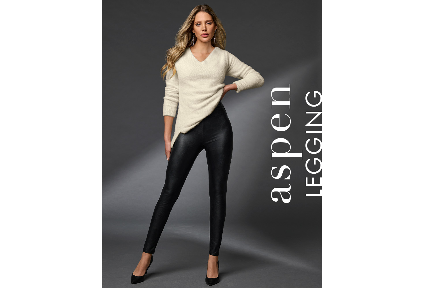 Model wearing off white v neck with black aspen leggings and black heels.