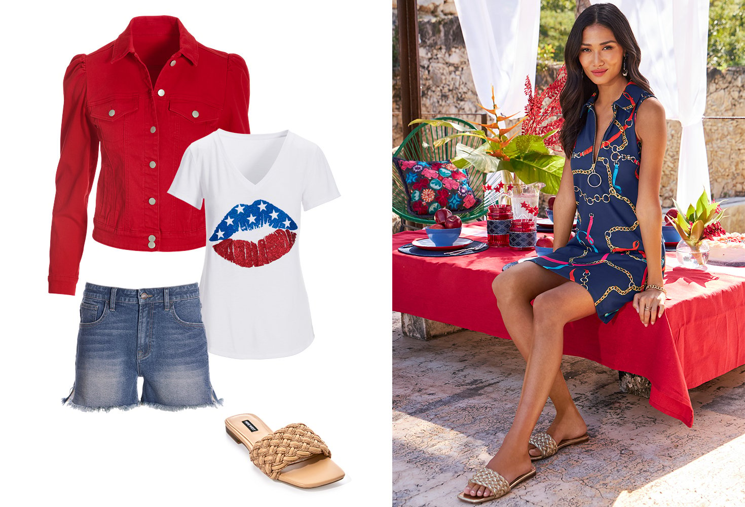 Left panel showing a red puff-sleeve denim jacket, white t-shirt with red, white, and blue lips, denim shorts, and tan slides. Right model wearing a red, white, and blue chain print collared sleeveless dress and gold braided slides.