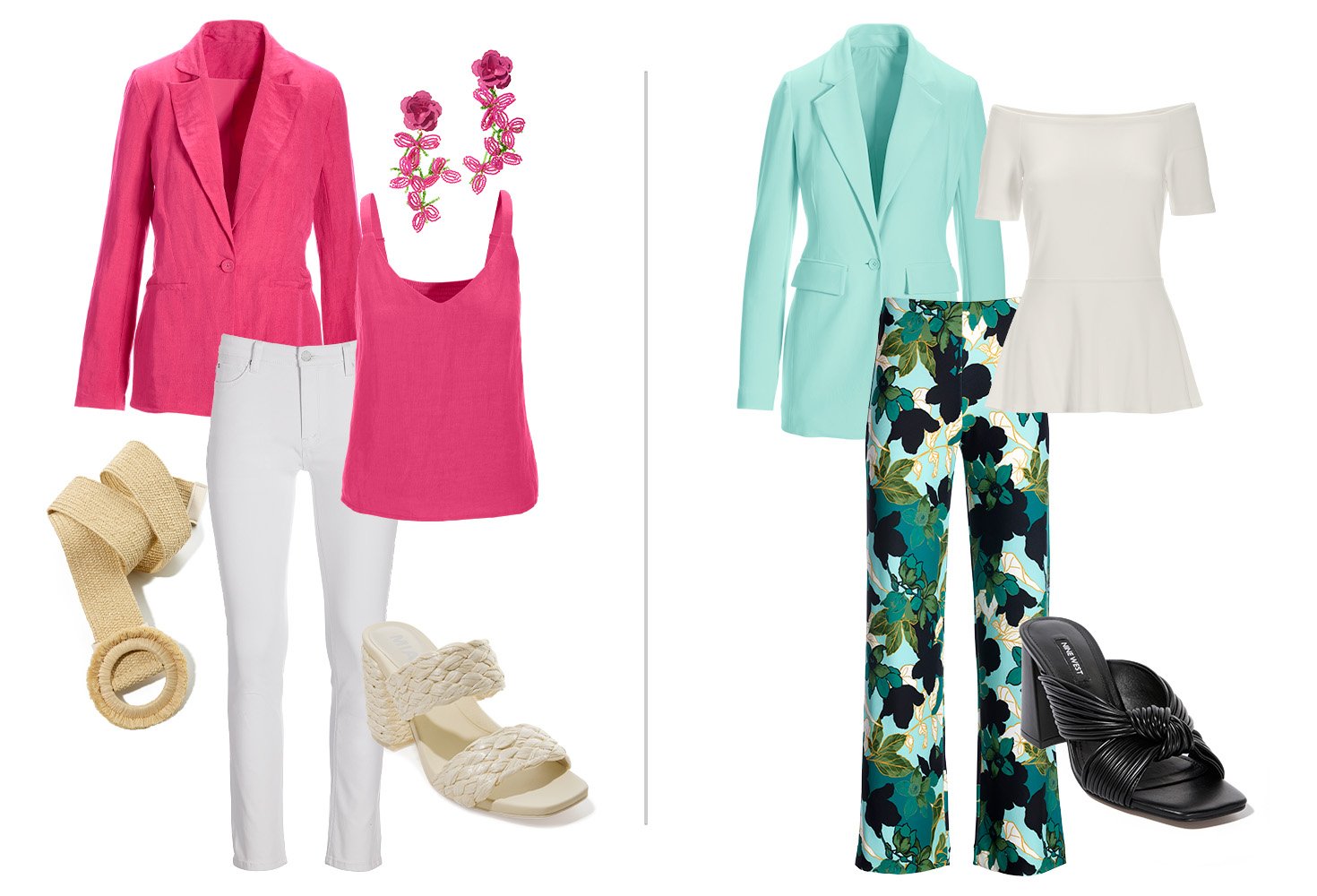 Left panel shows a pink linen blazer, pink linen tank top, tan raffia belt, white jeans, and white banded raffia heels. Right panel shows a light teal blazer, white off-the-shoulder peplum top, blue and green floral printed palazzo pants, and black knotted block heels.