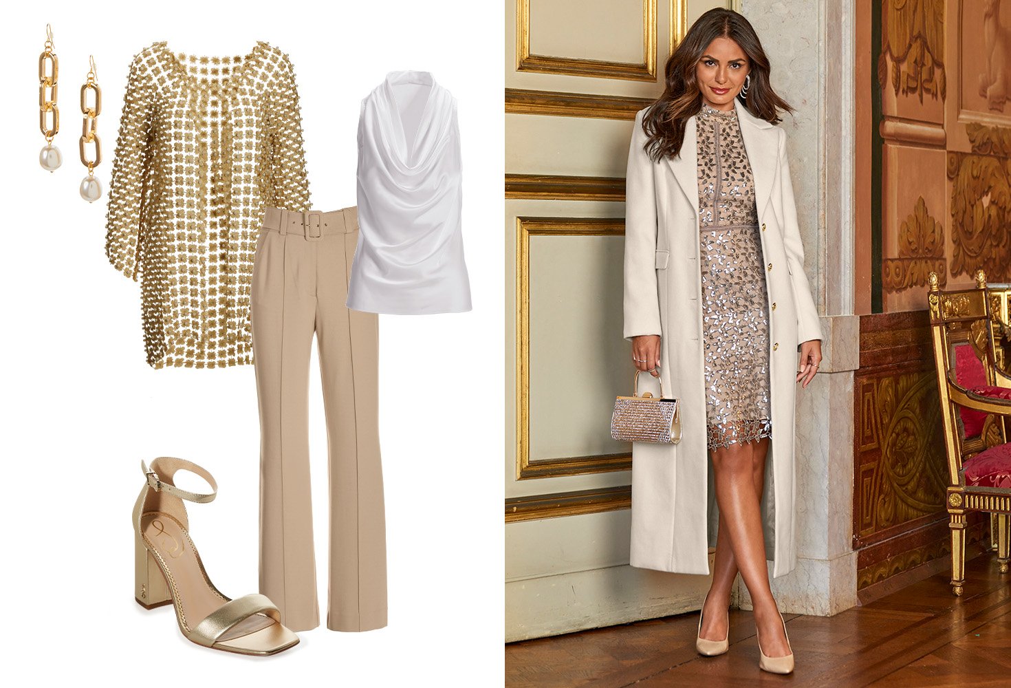 Photo of charmeuse blouse, wide-leg trouser, pearl duster, chain and pearl drop earrings and gold heels. Models wearing sequin lace sheath dress with tailored coat, velvet clutch and nude heels.