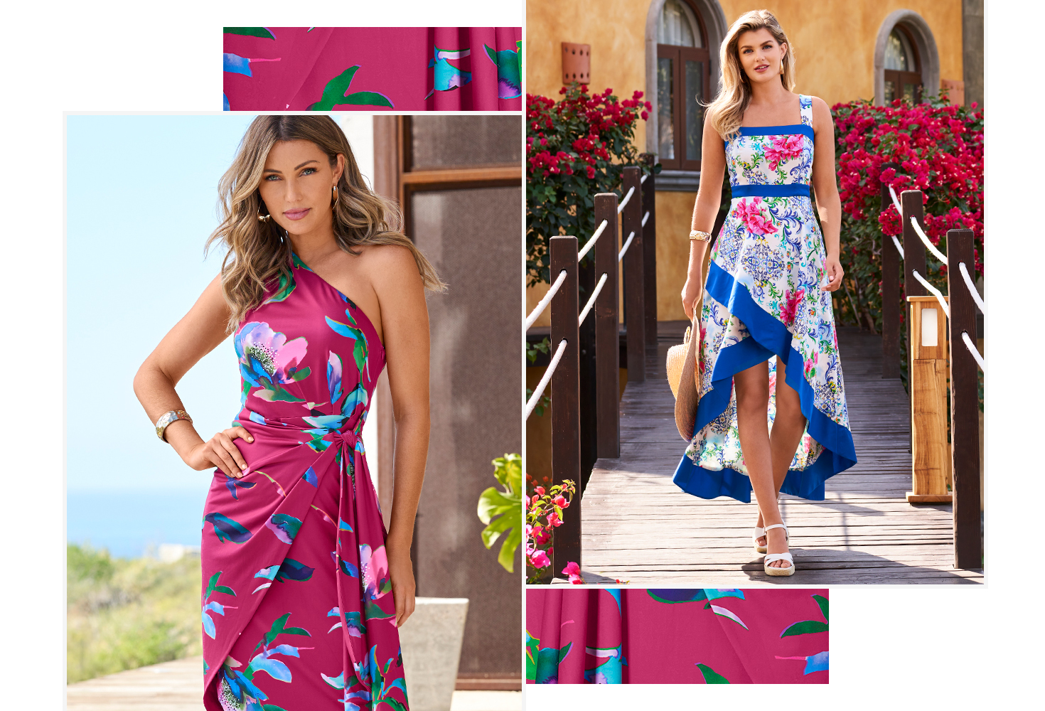 One models wearing a one shoulder pink and floral dress. The others wearing a hihg low dress with blue accents and a floral pattern.