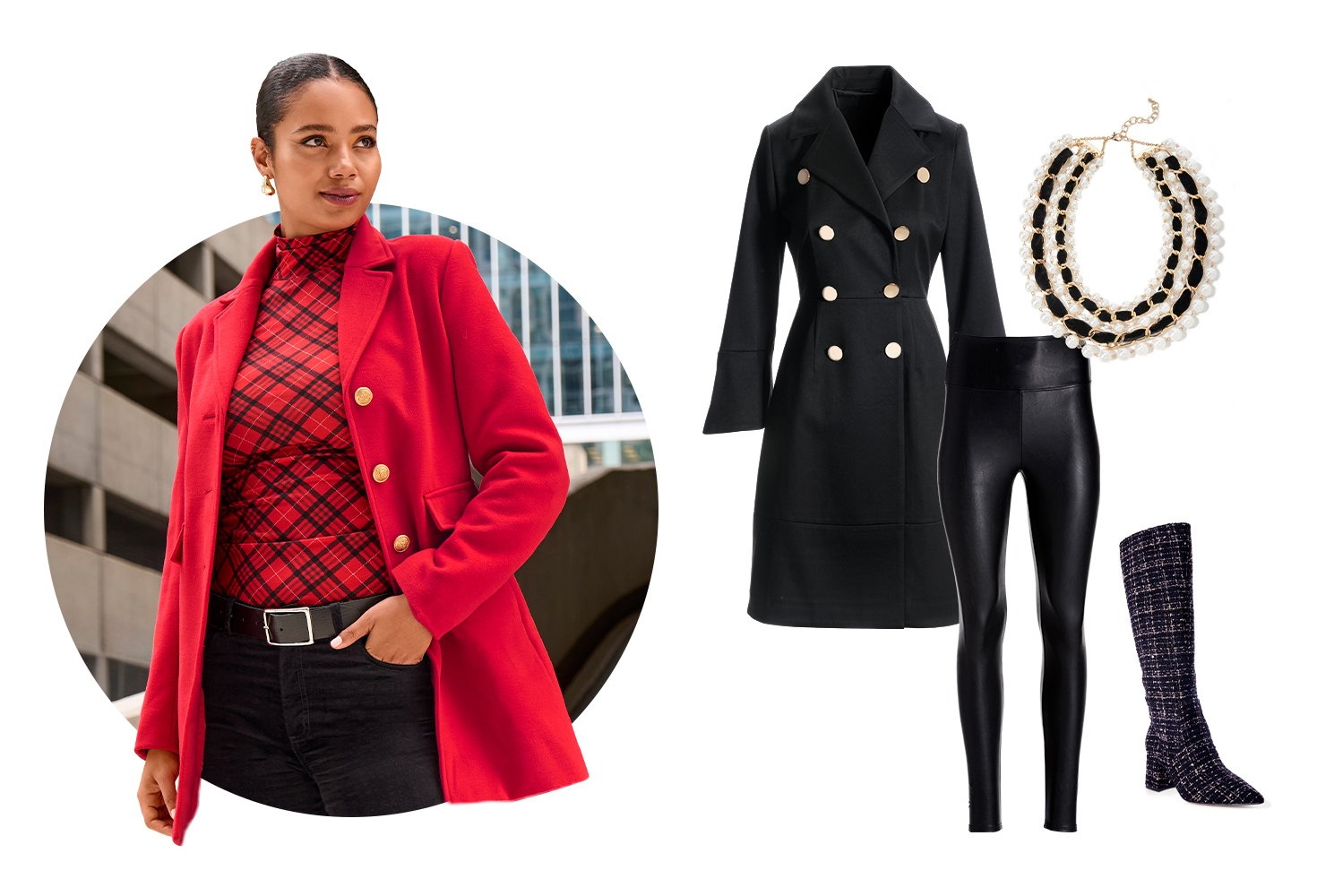 models wearing a black and red turtleneck top with a red tailored coat and black pants. Ghost image of a black double breasted tailored coat, black leggings, layered necklace and black boots.