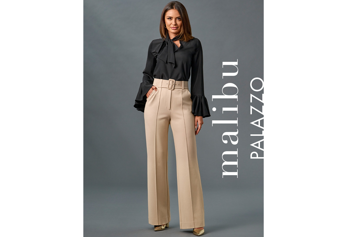 Model wearing black blouse and tan malibu palazzo pants.