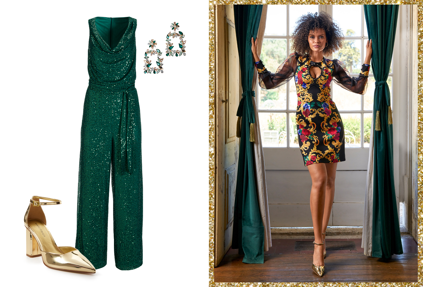 Photo of emerald sequin cowl neck jumpsuit, gold hoops and gold metallic heels. Second photo of model wearing the holiday status print a-line scuba dress.