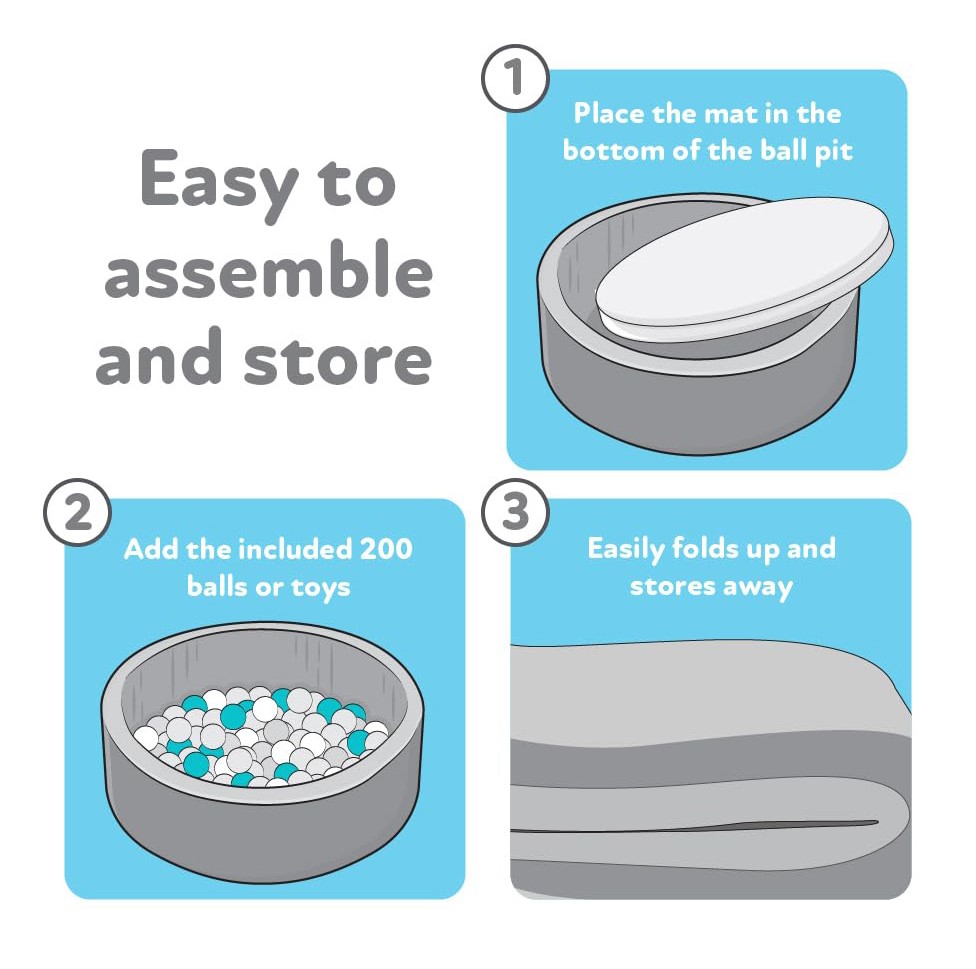 Graphic on how to assemble and store a Nuby ball pit. Step 1. Place the mat in the bottom of the ball pit. Step 2. Add the included 200 balls or toys. Step 3. Easily folds up and stores away.