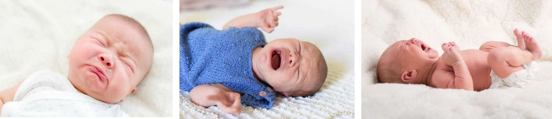 Three images of newborn babies crying.