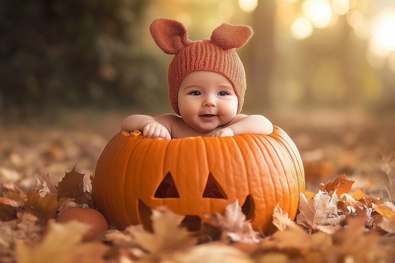 A baby in a pumpkinDescription automatically generated