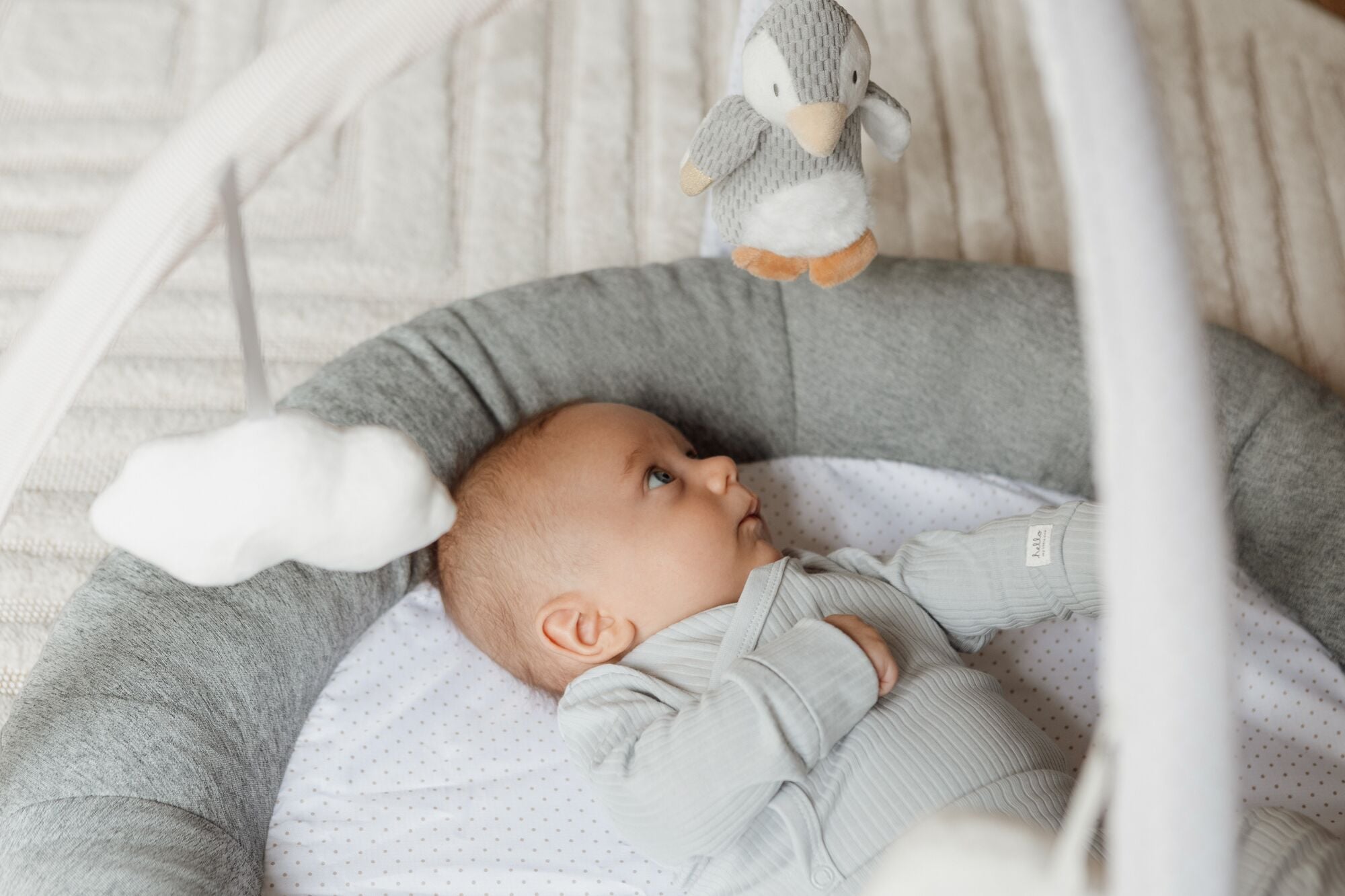 Baby lying in penguin themed play gym toy