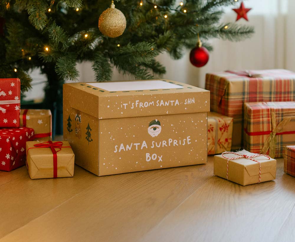 The Santa Surprise Christmas Gift Box laid underneath a Christmas tree.