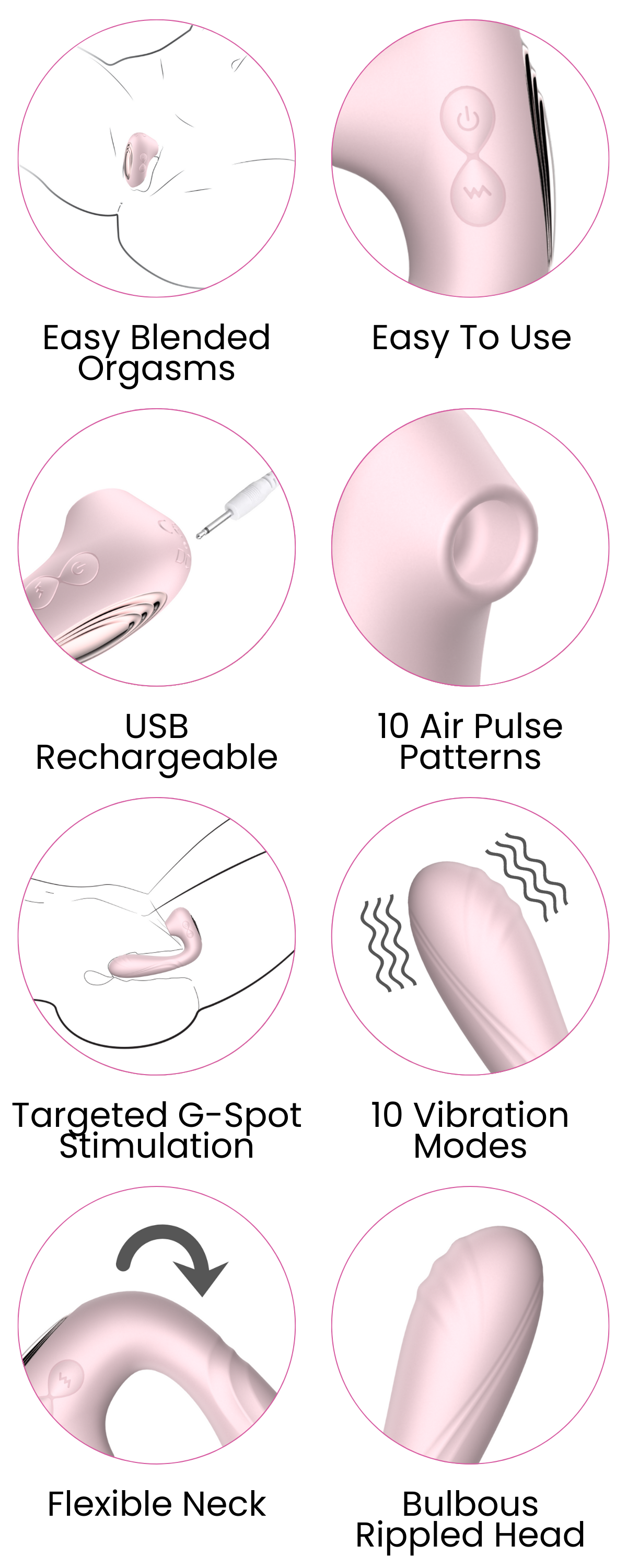 Easy Blended Orgasms, Easy To Use, USB Rechargeable, 10 Air Pulse Patterns, Targeted G-Spot Stimulation, 10 Vibration Modes, Flexible Neck, Bulbous Rippled Head