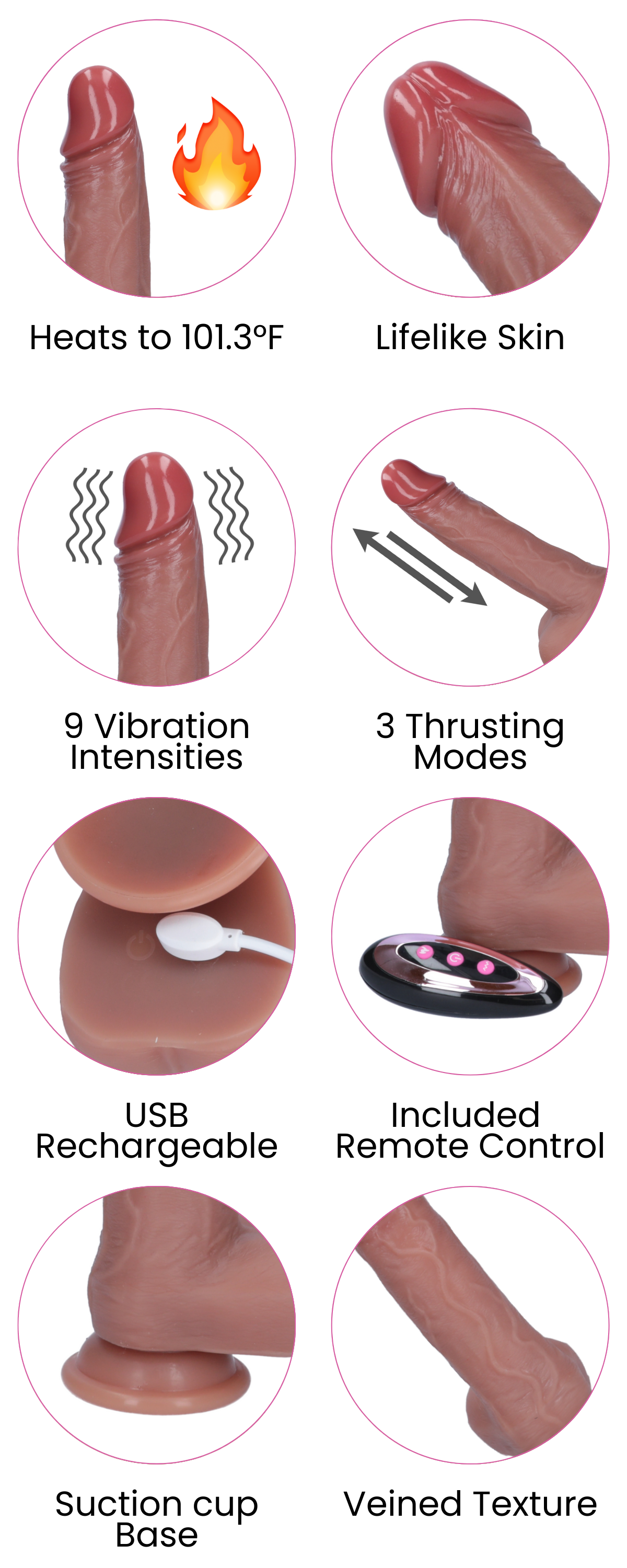Heats to 101.3°F, Veined Texture, Suction cup Base, Included  Remote Control, USB Rechargeable, 3 Thrusting Modes, Lifelike Skin, 9 Vibration Intensities, 